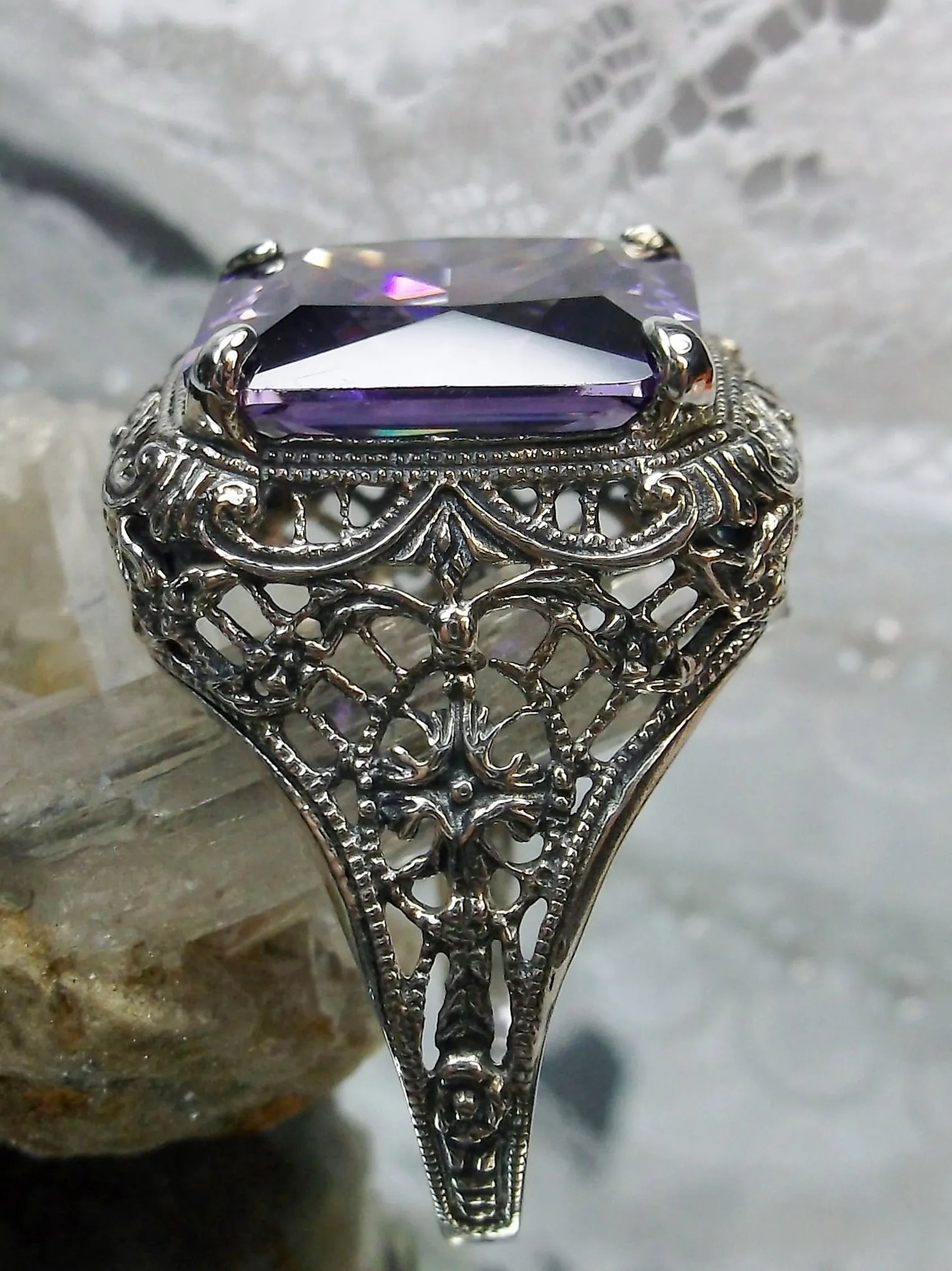 Natural Amethyst Ring, Rectangle Gem, Vintage Jewelry #D200