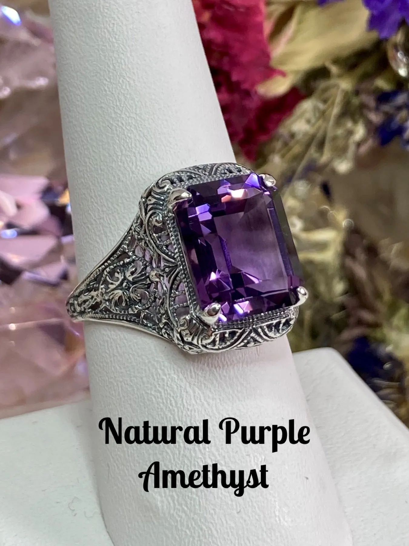 Natural Amethyst Ring, Rectangle Gem, Vintage Jewelry #D200