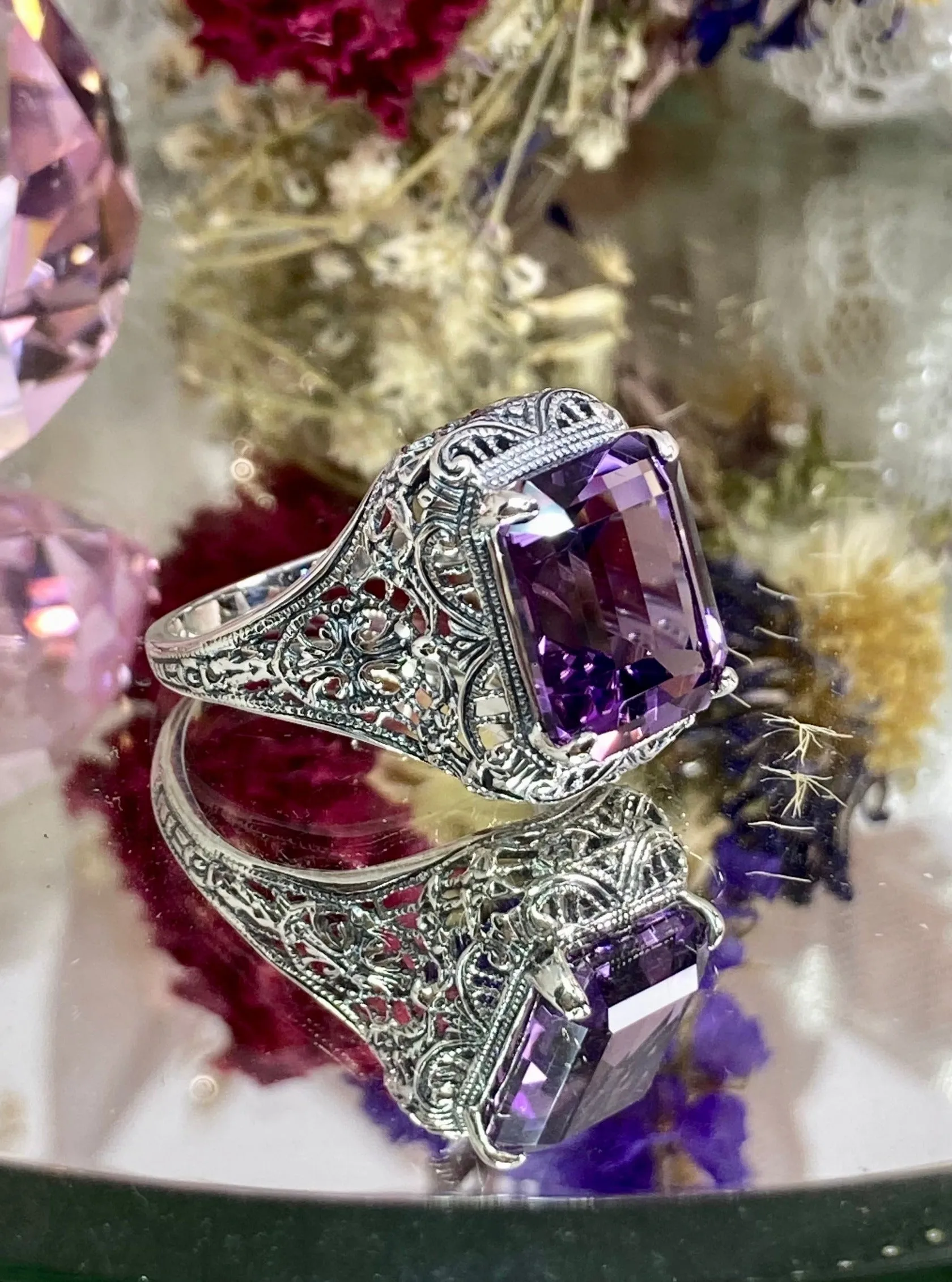 Natural Amethyst Ring, Rectangle Gem, Vintage Jewelry #D200