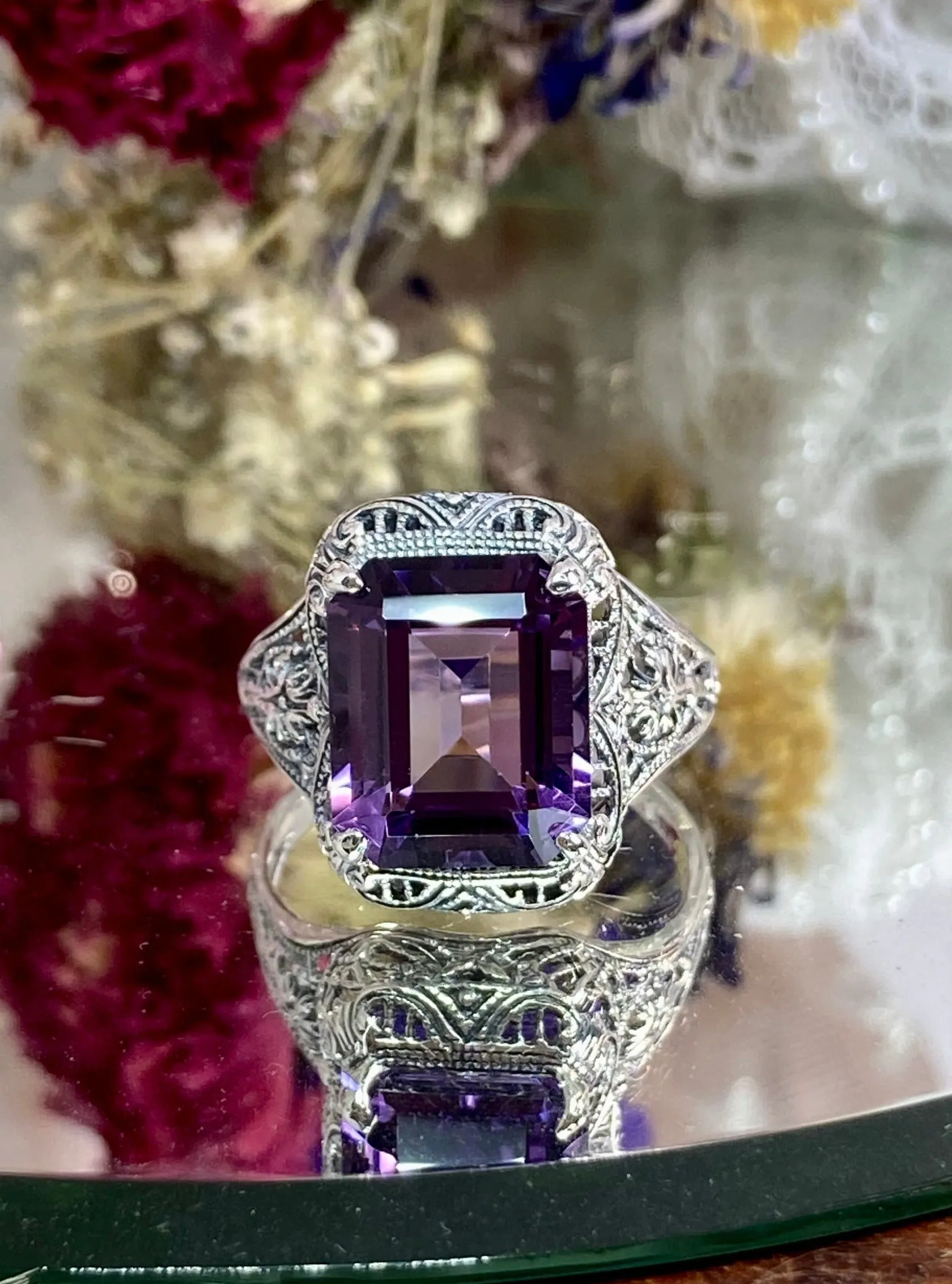 Natural Amethyst Ring, Rectangle Gem, Vintage Jewelry #D200