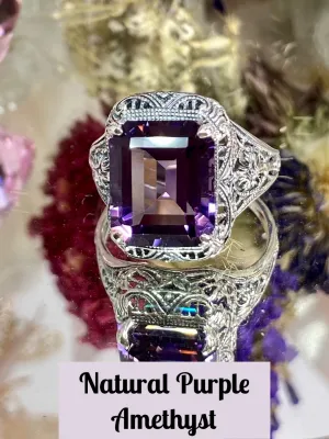 Natural Amethyst Ring, Rectangle Gem, Vintage Jewelry #D200