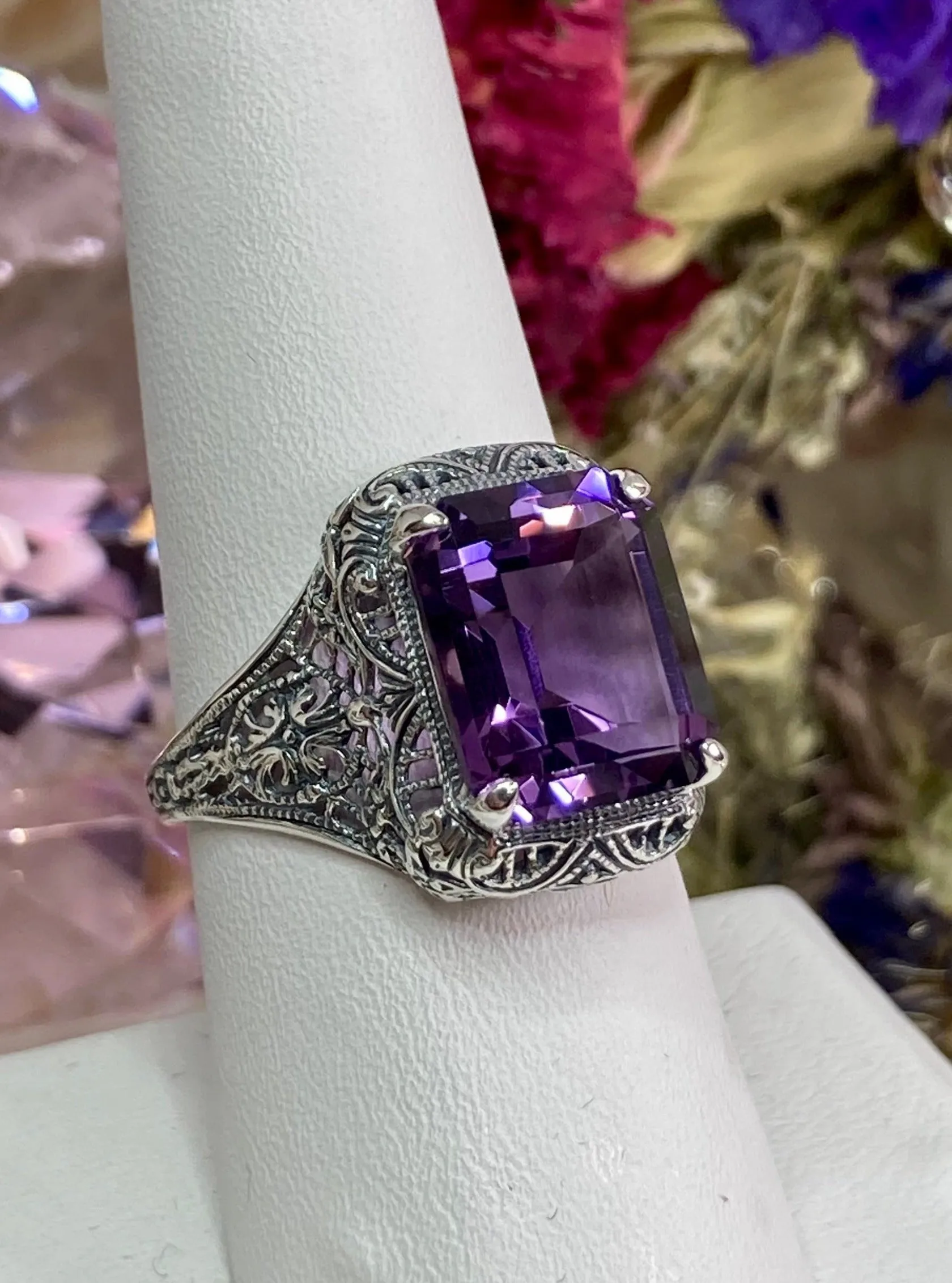 Natural Amethyst Ring, Rectangle Gem, Vintage Jewelry #D200