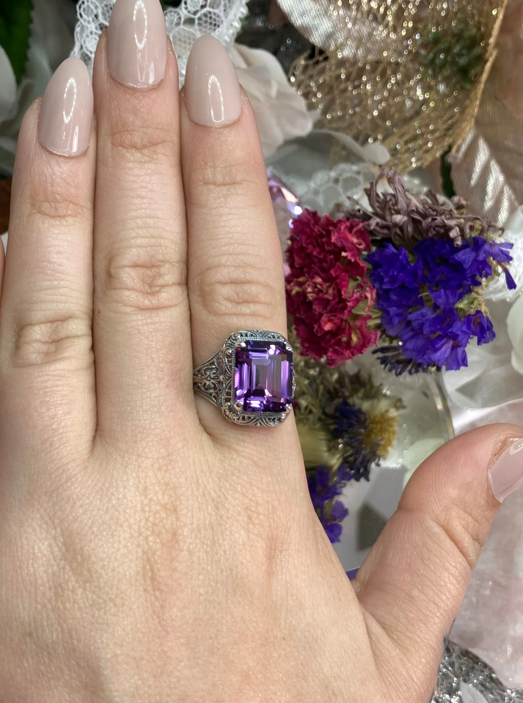 Natural Amethyst Ring, Rectangle Gem, Vintage Jewelry #D200