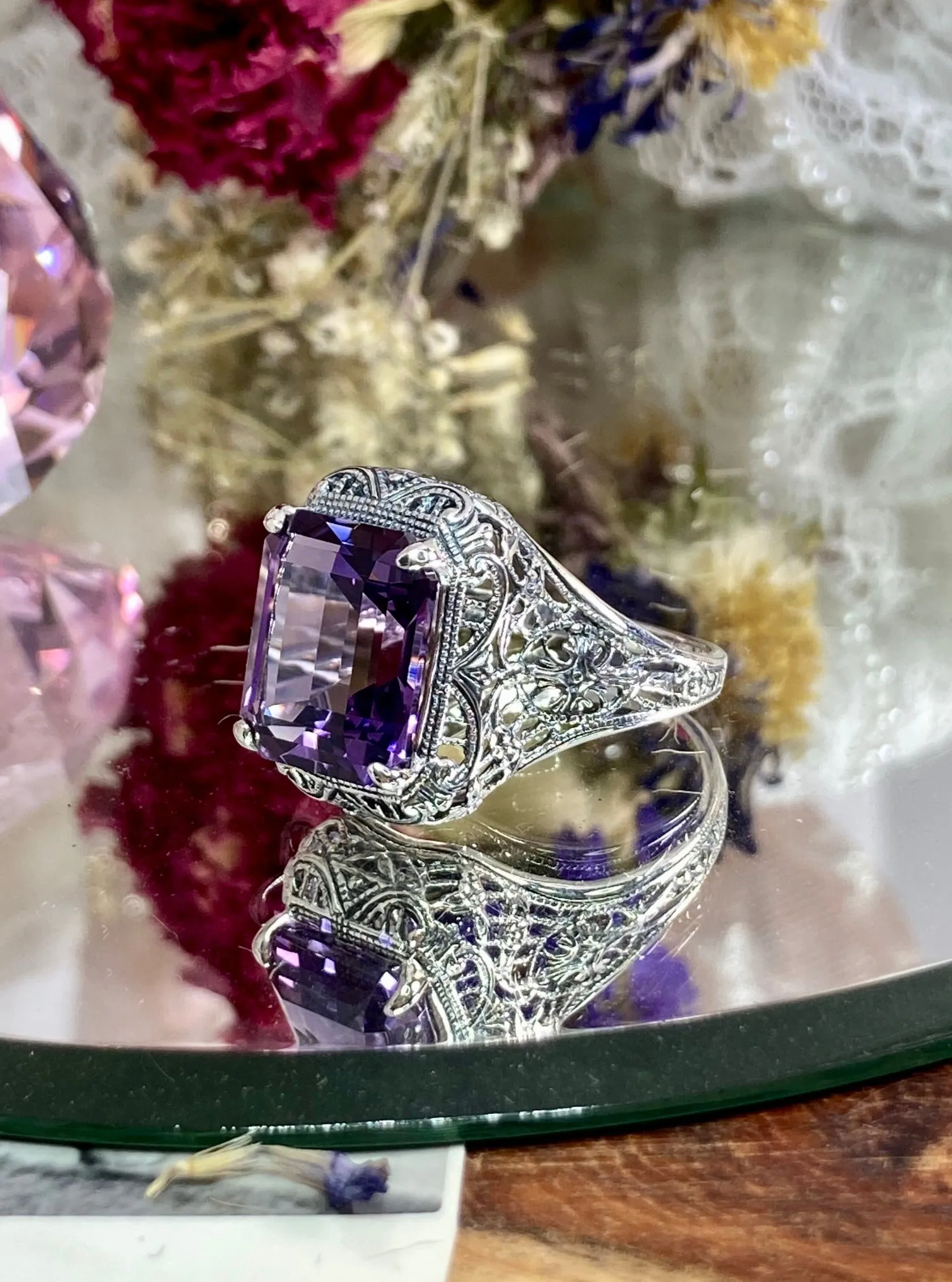Natural Amethyst Ring, Rectangle Gem, Vintage Jewelry #D200