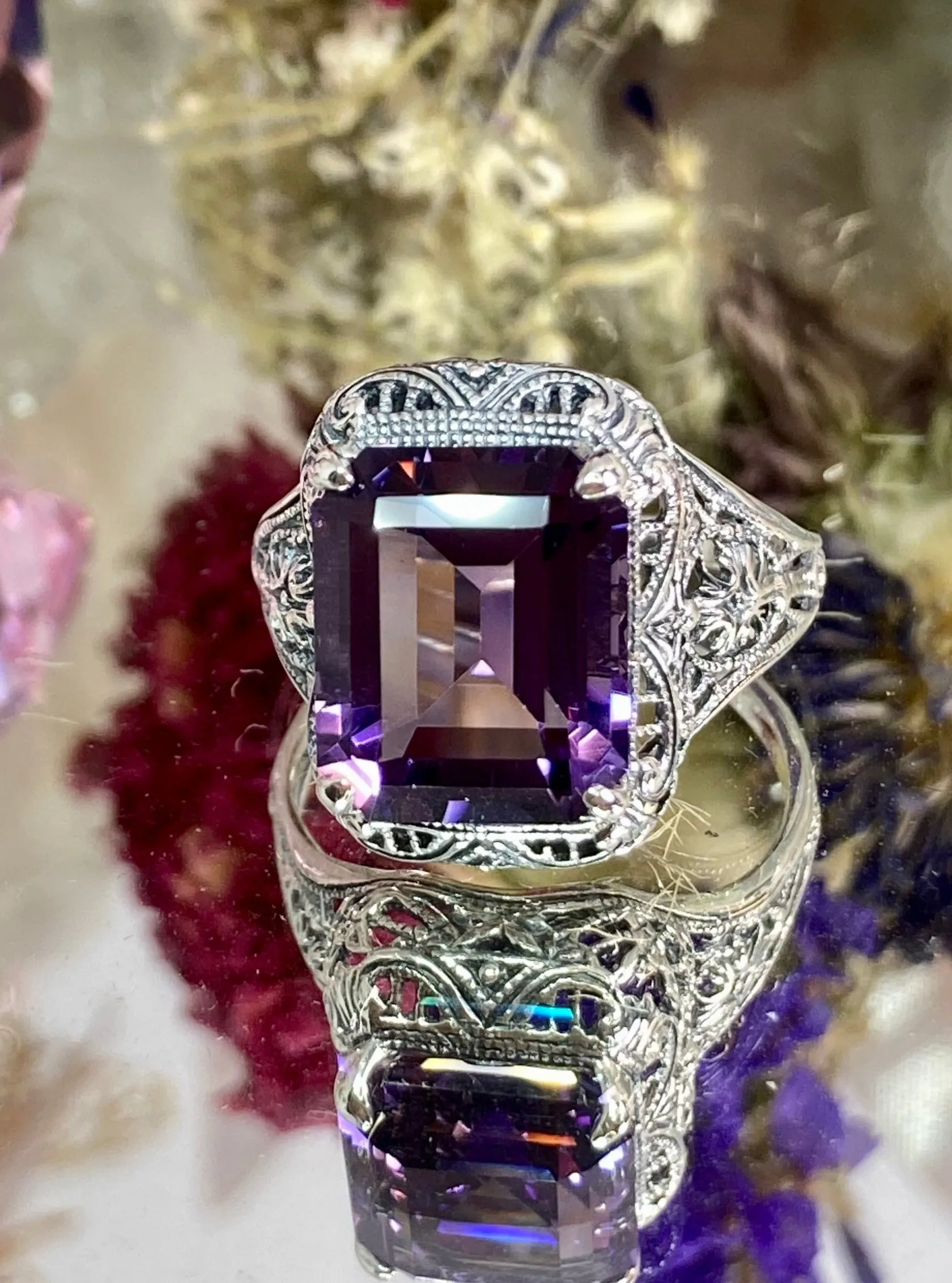 Natural Amethyst Ring, Rectangle Gem, Vintage Jewelry #D200