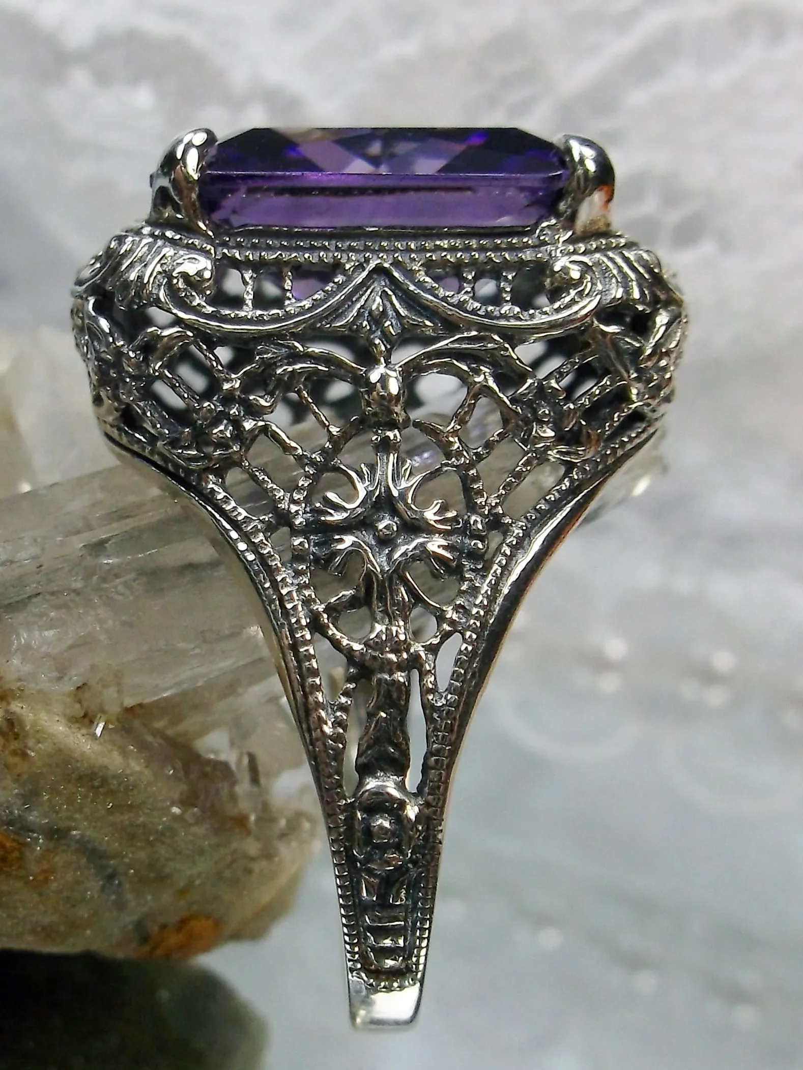 Natural Amethyst Ring, Rectangle Gem, Vintage Jewelry #D200