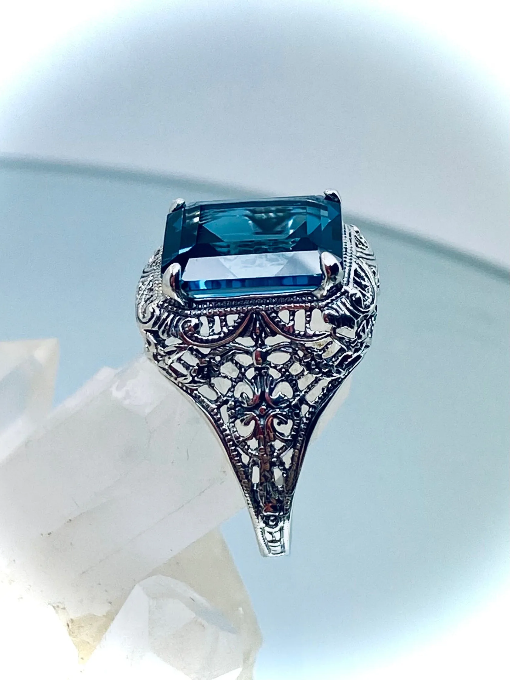 Natural London Blue Autumn Ring, Natural Rectangle Gem, Vintage Jewelry #D200