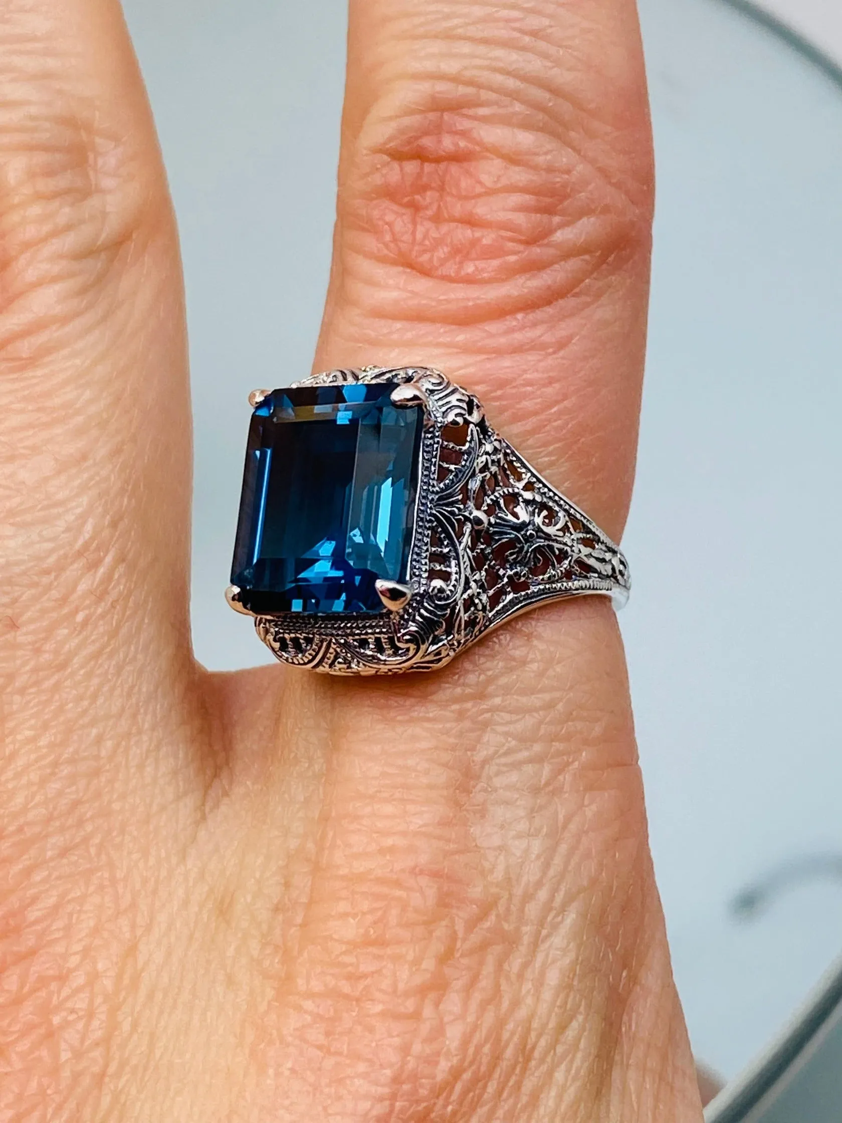 Natural London Blue Autumn Ring, Natural Rectangle Gem, Vintage Jewelry #D200