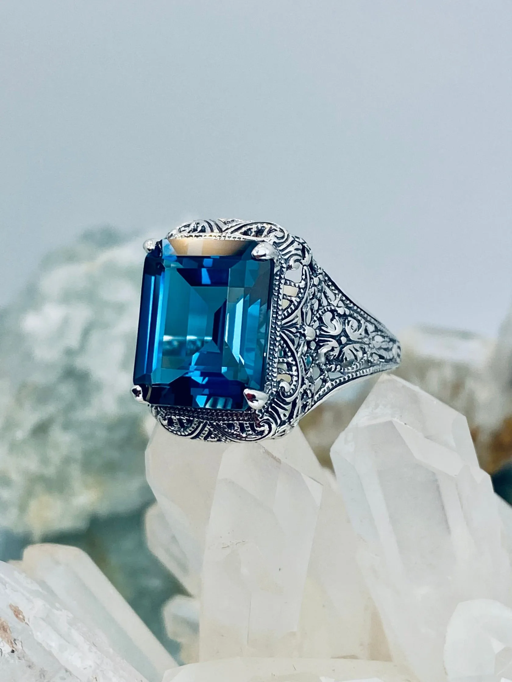 Natural London Blue Autumn Ring, Natural Rectangle Gem, Vintage Jewelry #D200