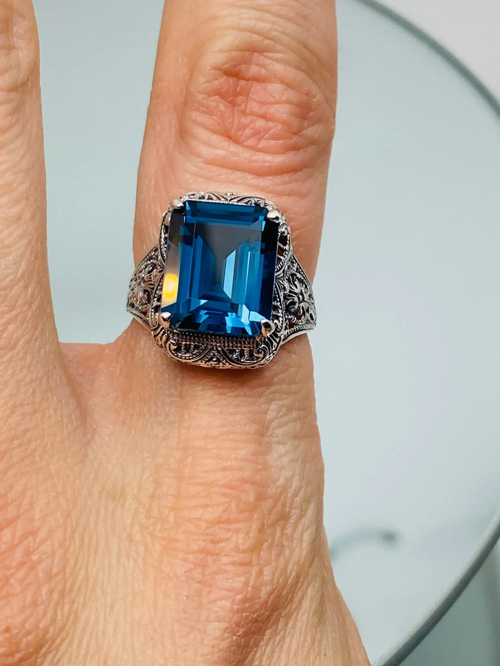 Natural London Blue Autumn Ring, Natural Rectangle Gem, Vintage Jewelry #D200