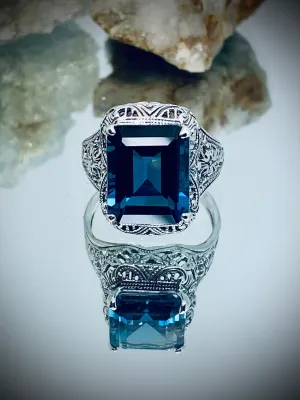 Natural London Blue Autumn Ring, Natural Rectangle Gem, Vintage Jewelry #D200
