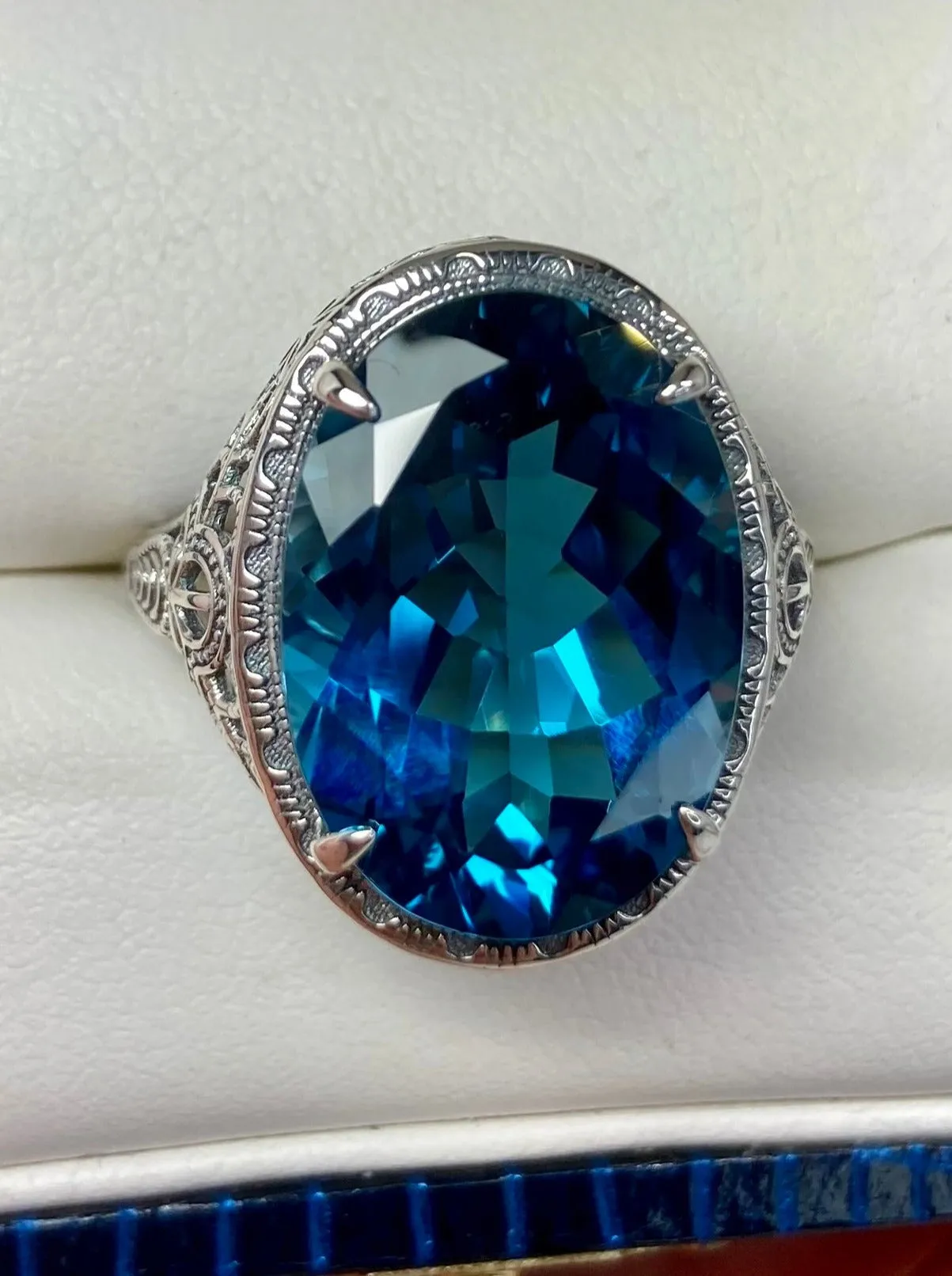 Natural London Blue Topaz Persian Ring, Art Deco Vintage Revival Jewelry #D230