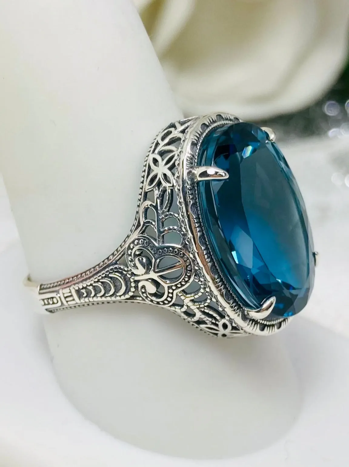 Natural London Blue Topaz Persian Ring, Art Deco Vintage Revival Jewelry #D230