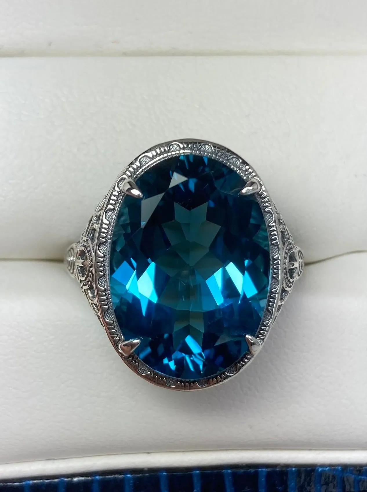 Natural London Blue Topaz Persian Ring, Art Deco Vintage Revival Jewelry #D230