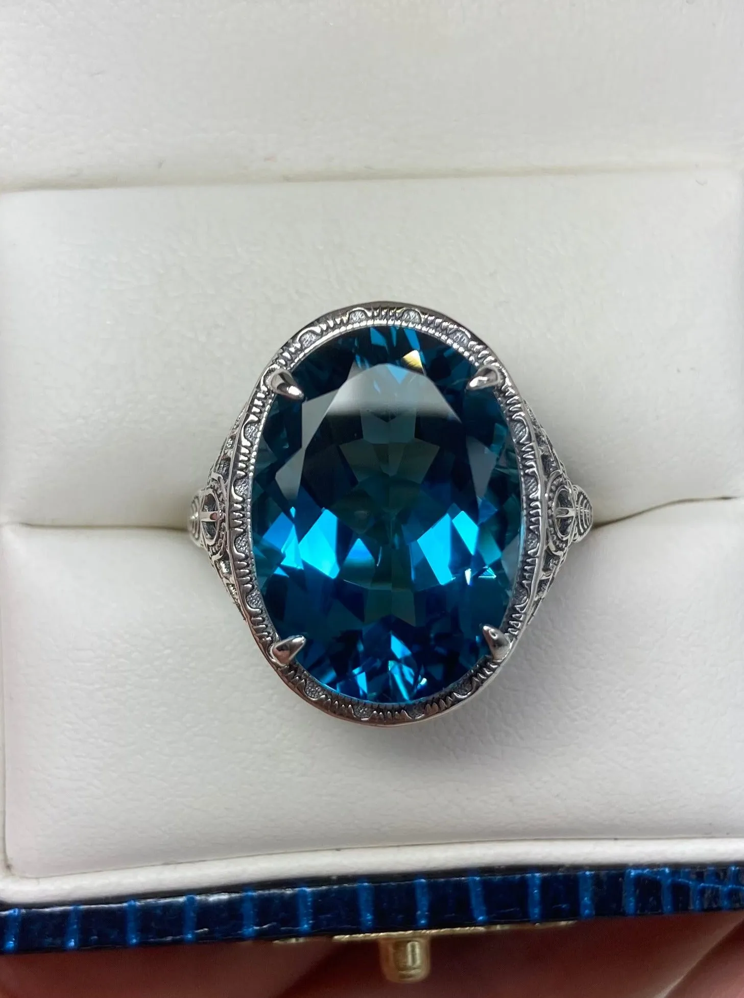 Natural London Blue Topaz Persian Ring, Art Deco Vintage Revival Jewelry #D230