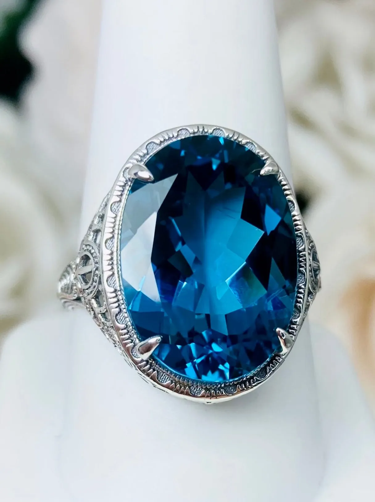 Natural London Blue Topaz Persian Ring, Art Deco Vintage Revival Jewelry #D230