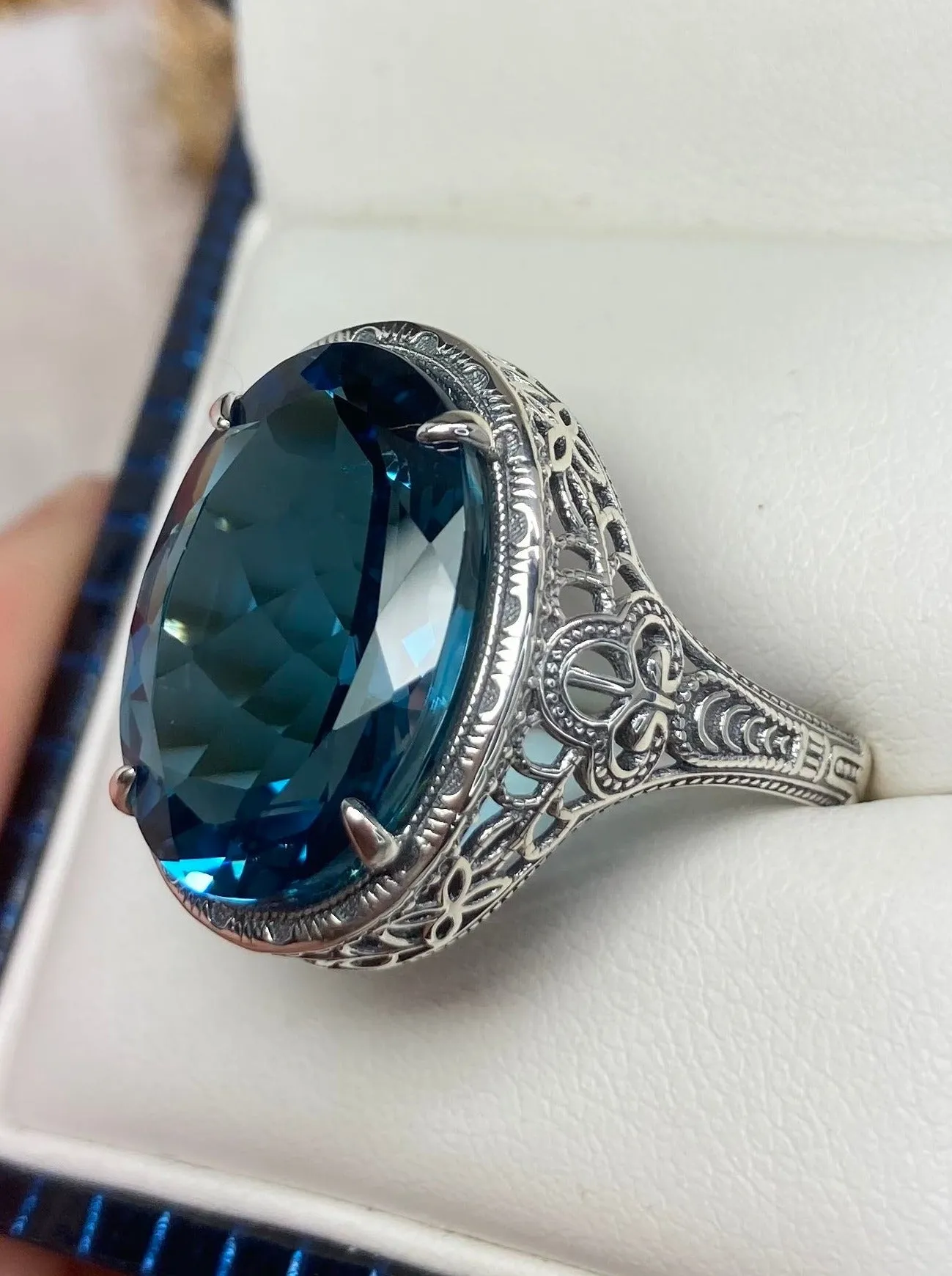 Natural London Blue Topaz Persian Ring, Art Deco Vintage Revival Jewelry #D230