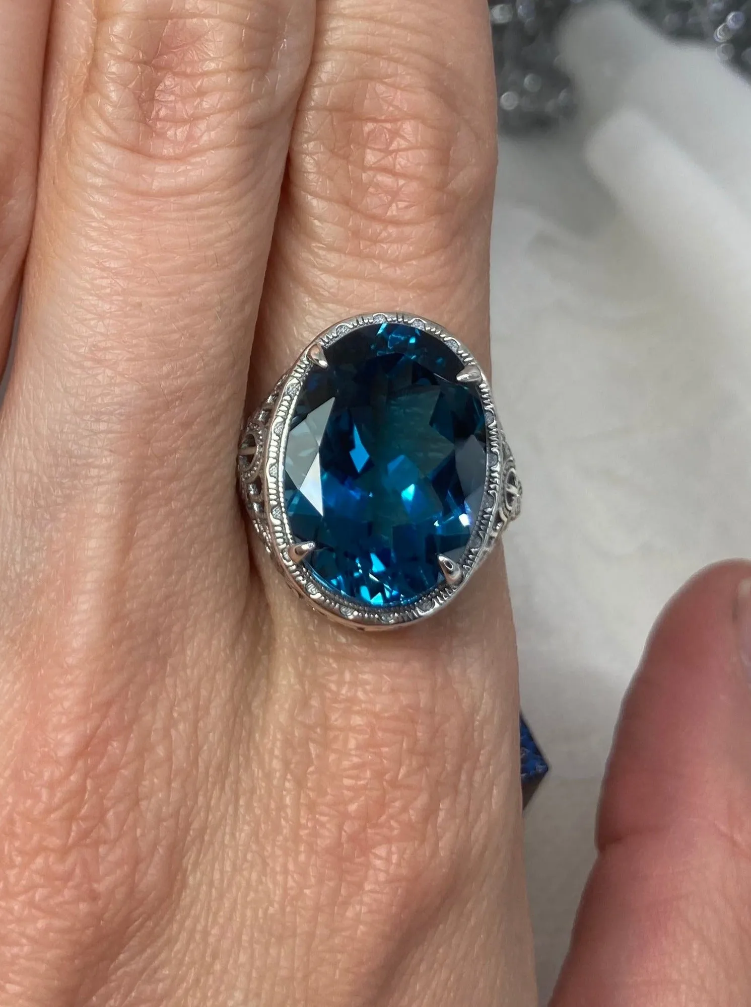 Natural London Blue Topaz Persian Ring, Art Deco Vintage Revival Jewelry #D230