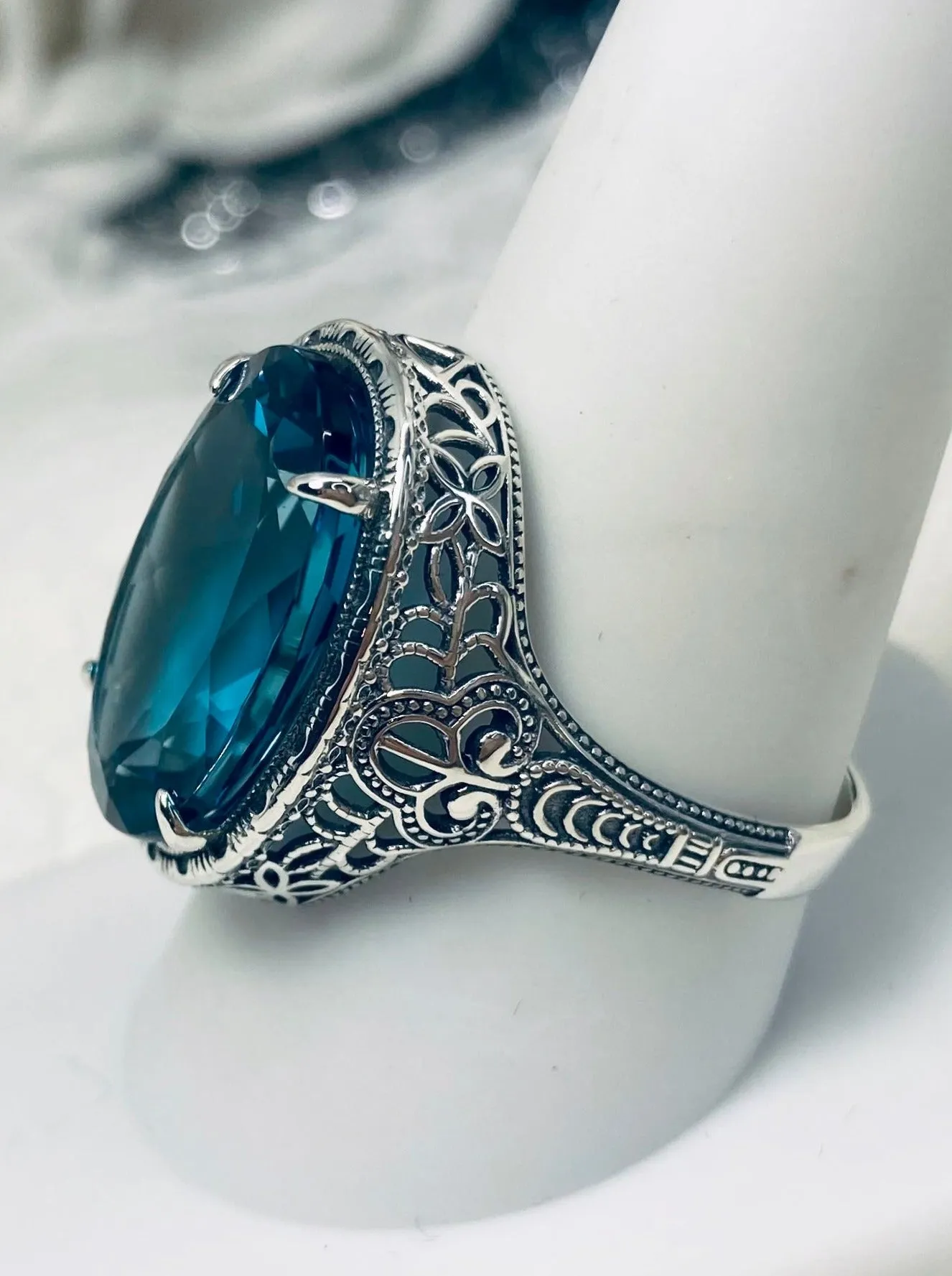 Natural London Blue Topaz Persian Ring, Art Deco Vintage Revival Jewelry #D230