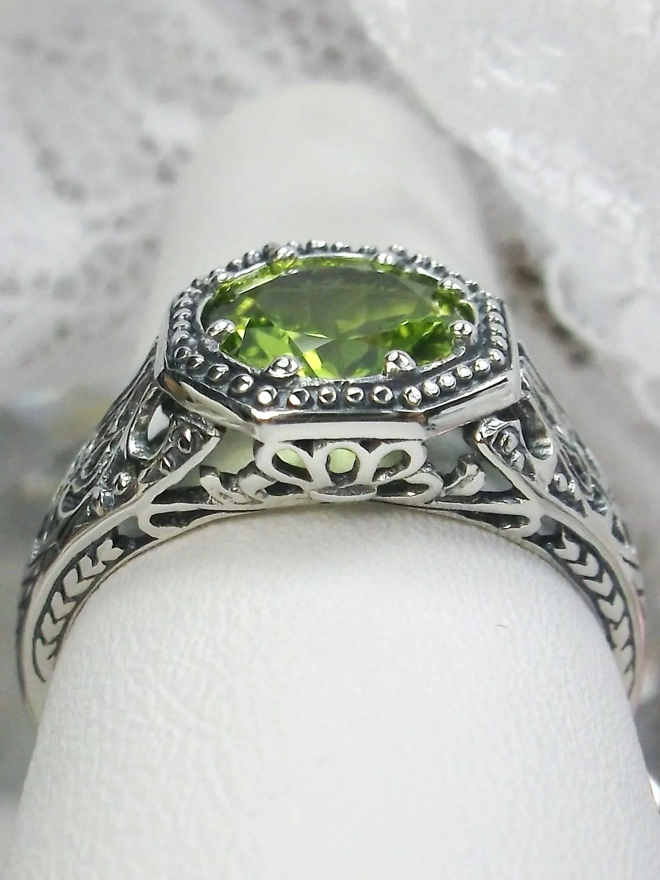 Natural Peridot Ring, 10k, 14k, White Gold-plated or Sterling Silver Victorian Jewelry #D11