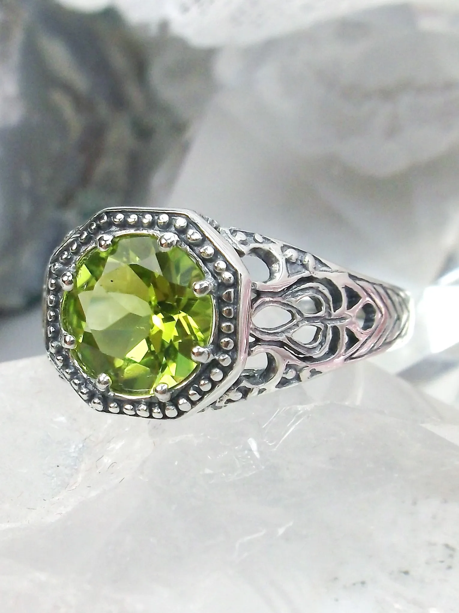 Natural Peridot Ring, 10k, 14k, White Gold-plated or Sterling Silver Victorian Jewelry #D11