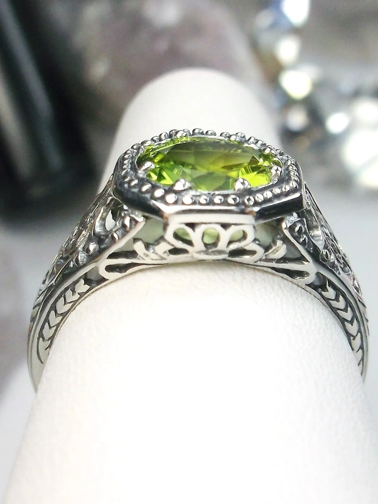 Natural Peridot Ring, 10k, 14k, White Gold-plated or Sterling Silver Victorian Jewelry #D11