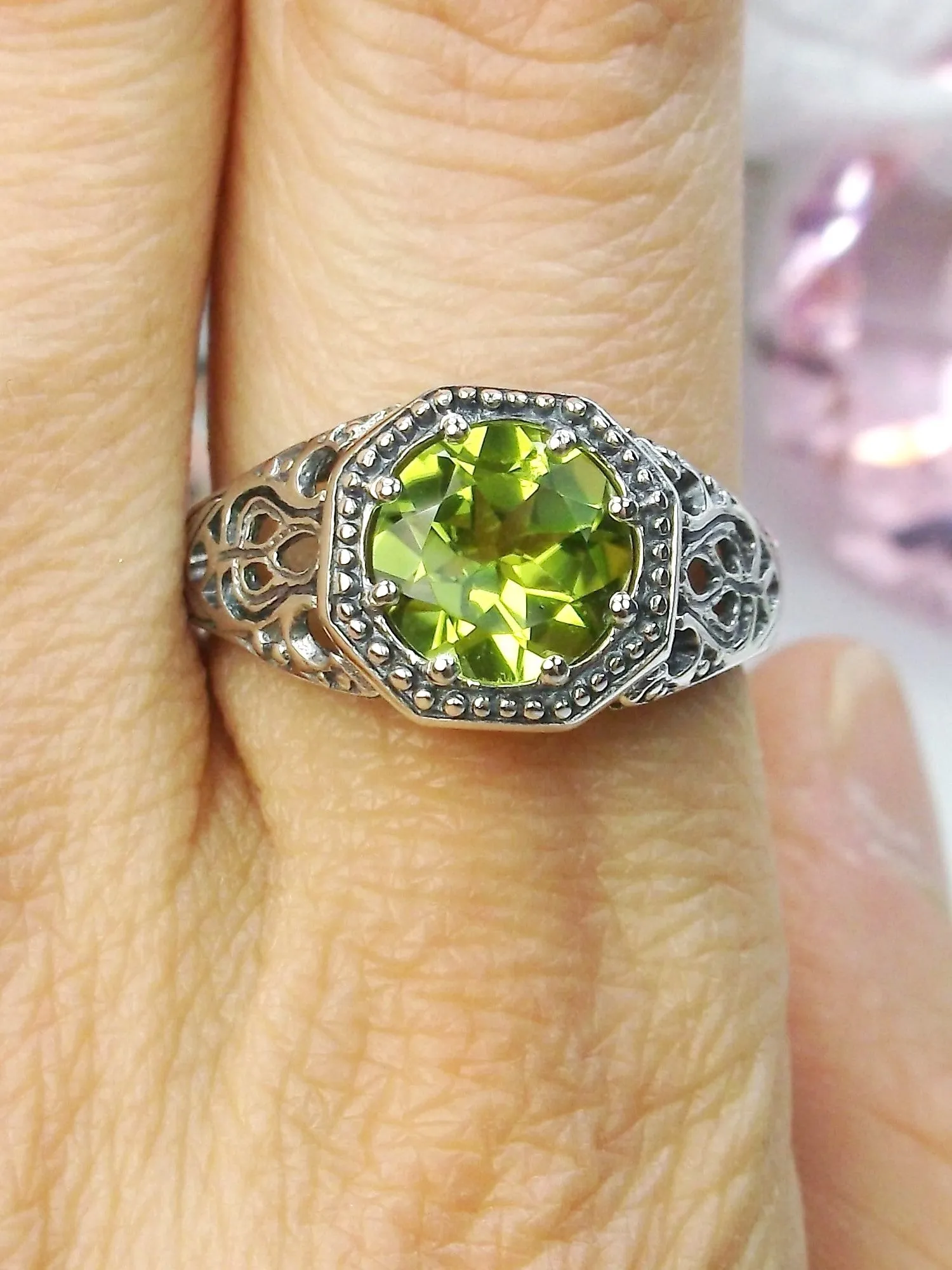 Natural Peridot Ring, 10k, 14k, White Gold-plated or Sterling Silver Victorian Jewelry #D11