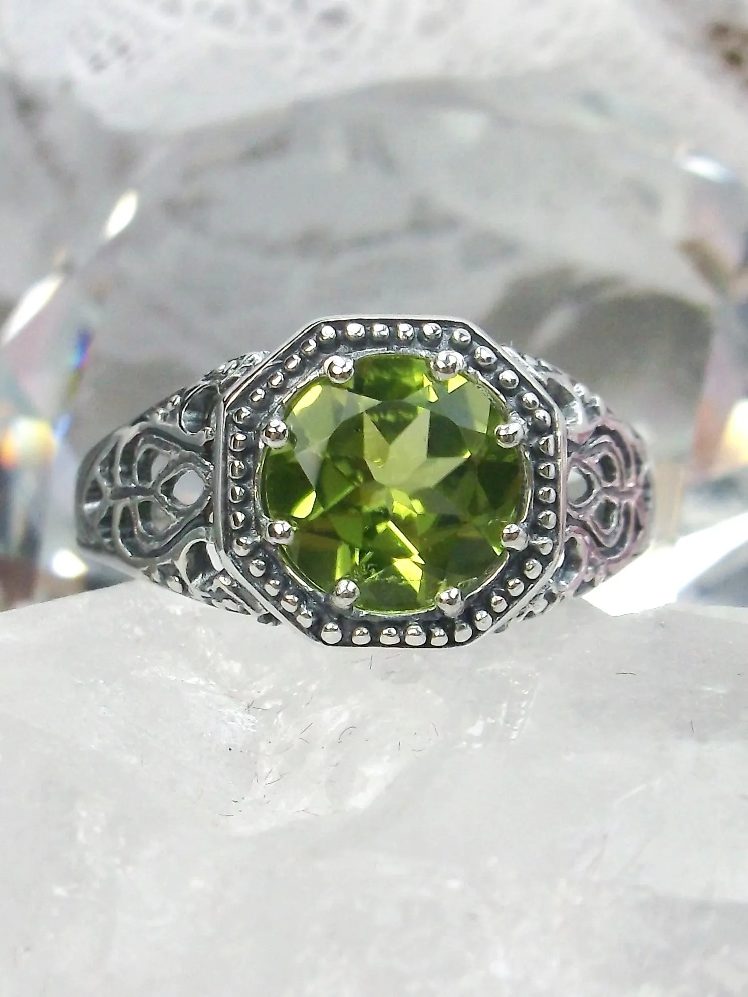 Natural Peridot Ring, 10k, 14k, White Gold-plated or Sterling Silver Victorian Jewelry #D11
