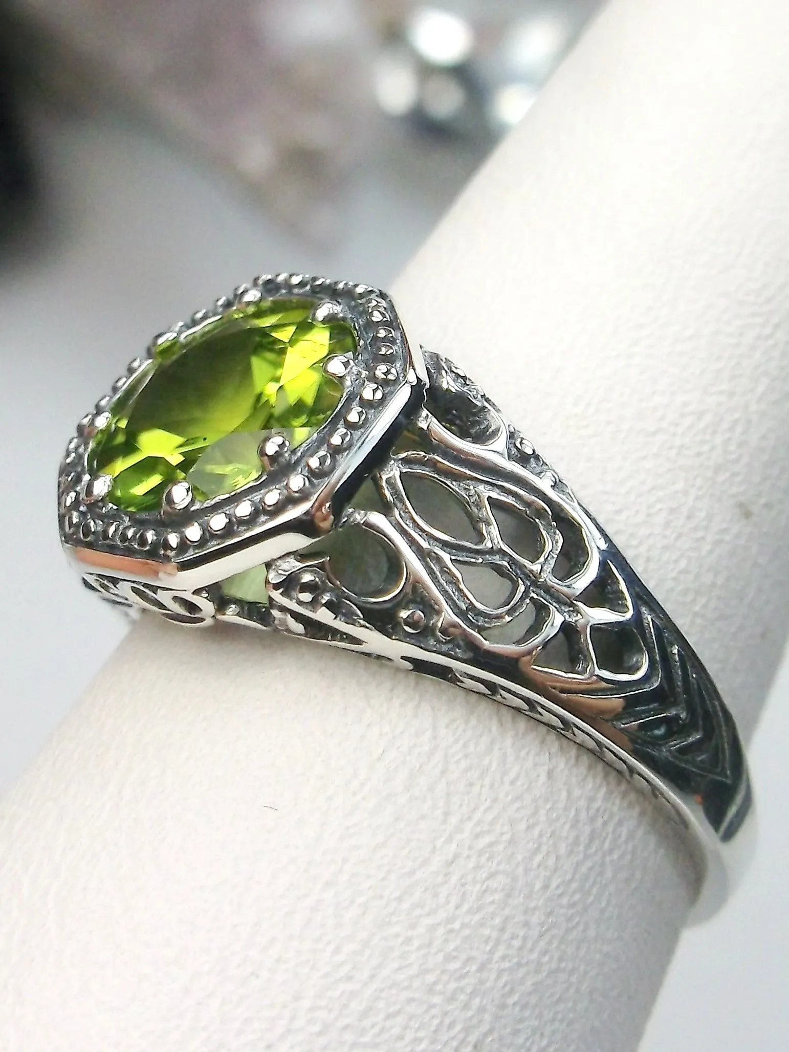 Natural Peridot Ring, 10k, 14k, White Gold-plated or Sterling Silver Victorian Jewelry #D11