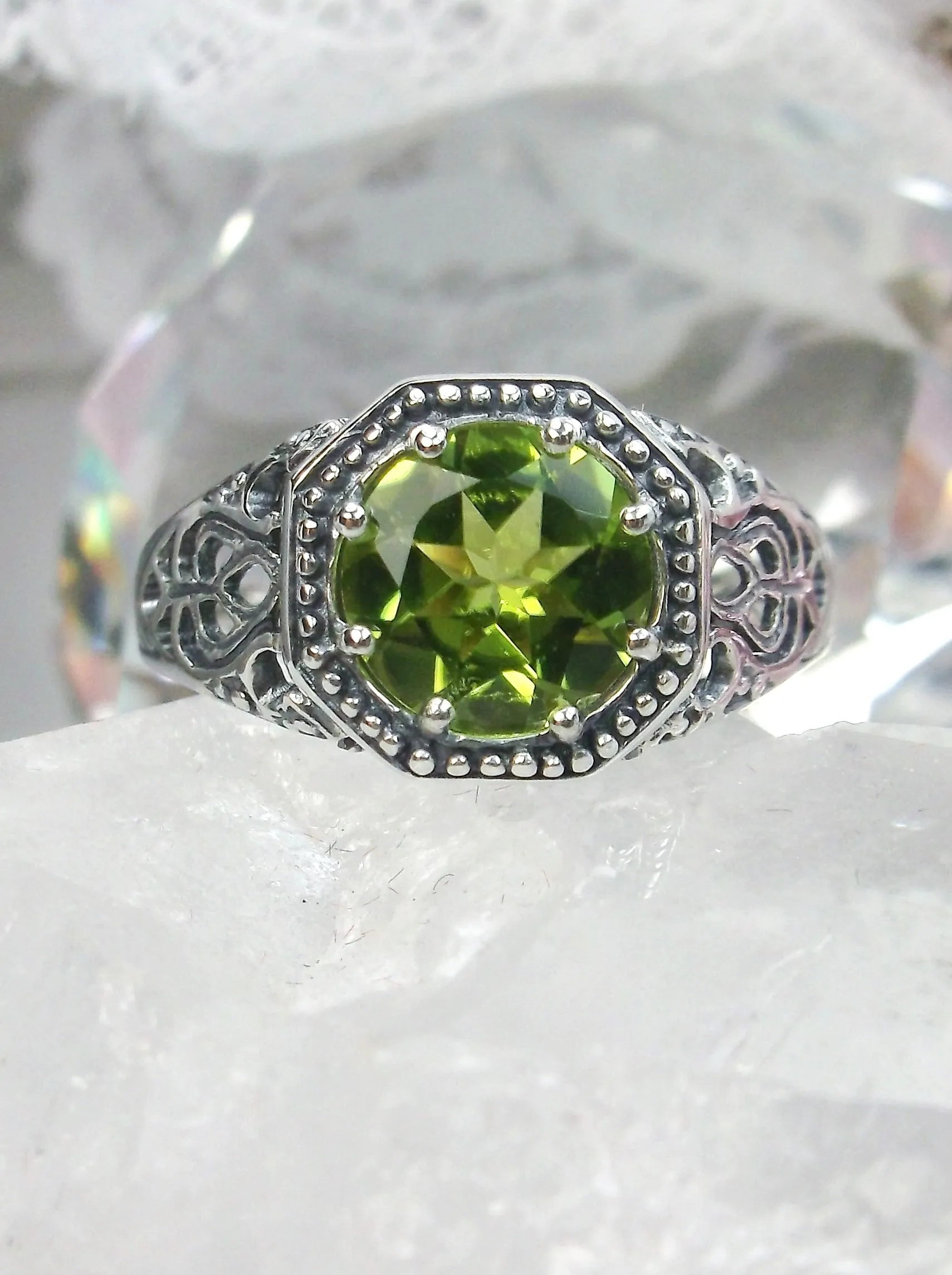 Natural Peridot Ring, 10k, 14k, White Gold-plated or Sterling Silver Victorian Jewelry #D11