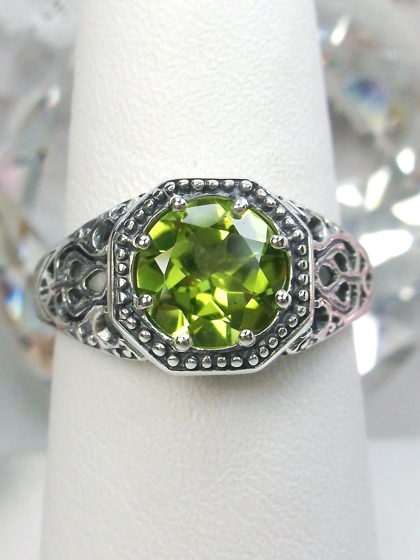 Natural Peridot Ring, 10k, 14k, White Gold-plated or Sterling Silver Victorian Jewelry #D11