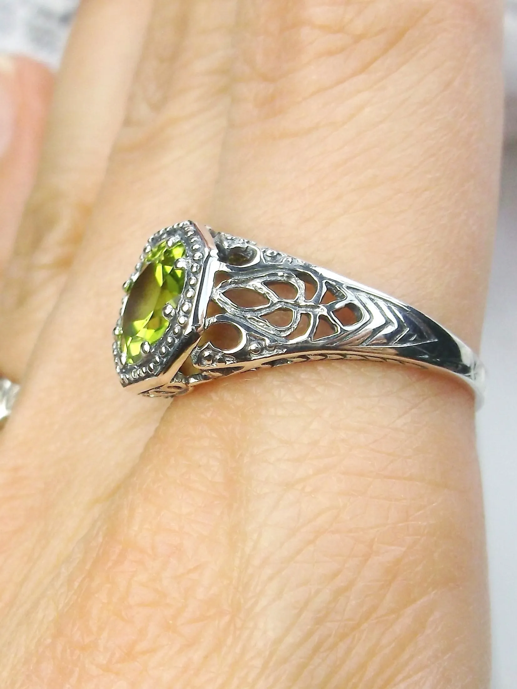 Natural Peridot Ring, 10k, 14k, White Gold-plated or Sterling Silver Victorian Jewelry #D11