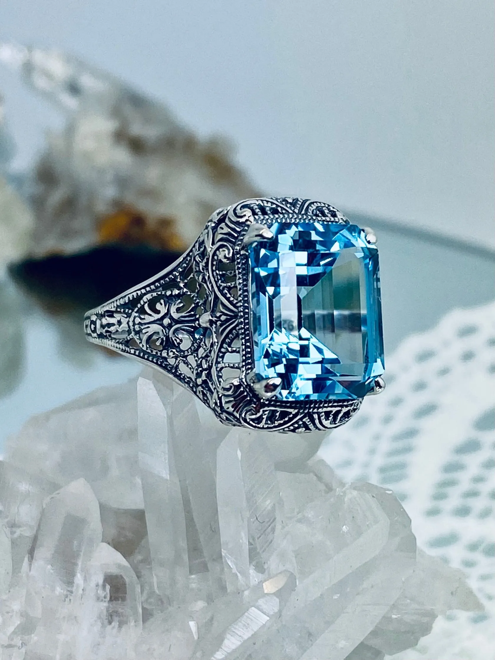 Natural Sky Blue Autumn Ring, Rectangle Gem, Vintage Jewelry #D200