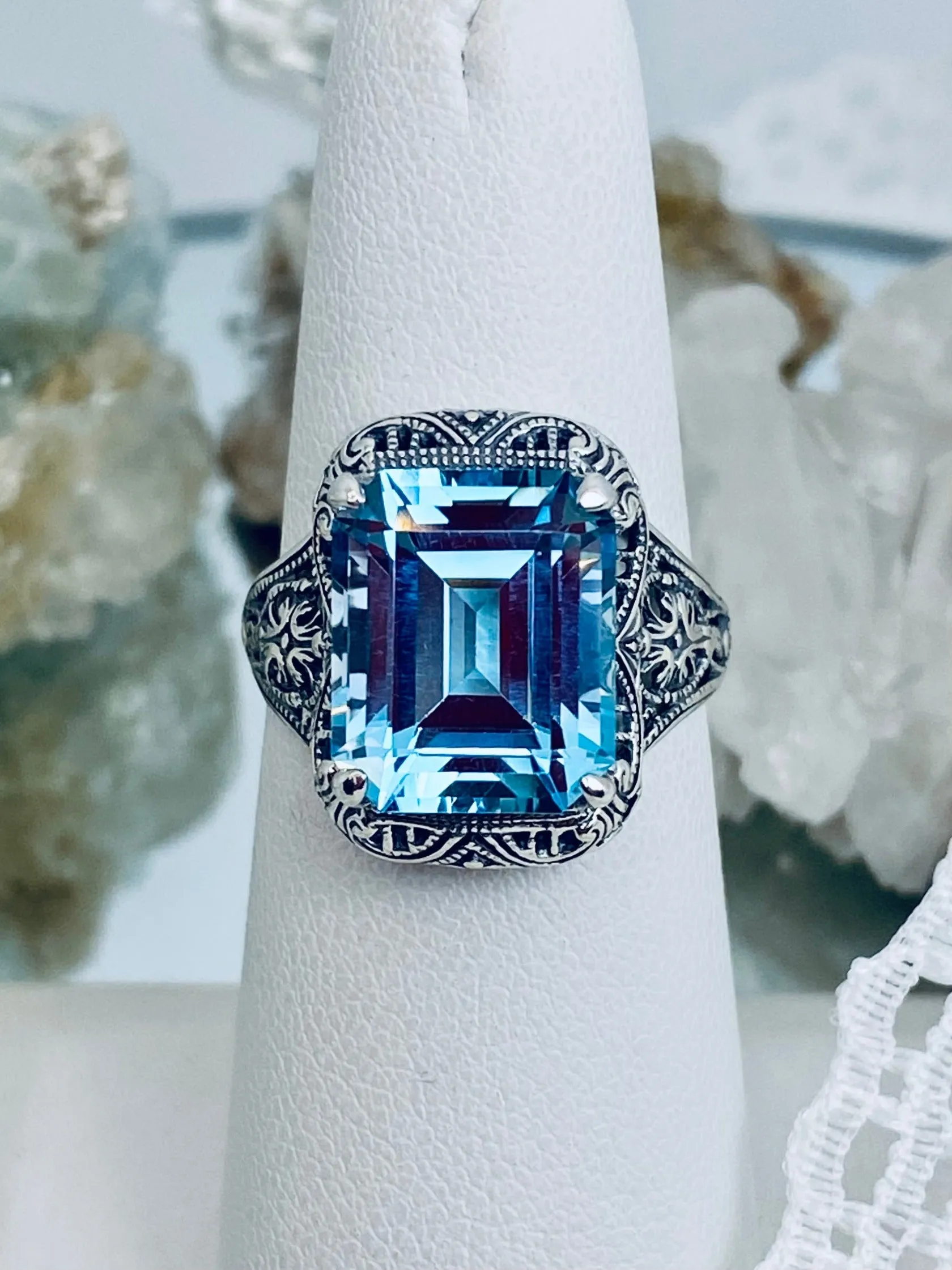 Natural Sky Blue Autumn Ring, Rectangle Gem, Vintage Jewelry #D200