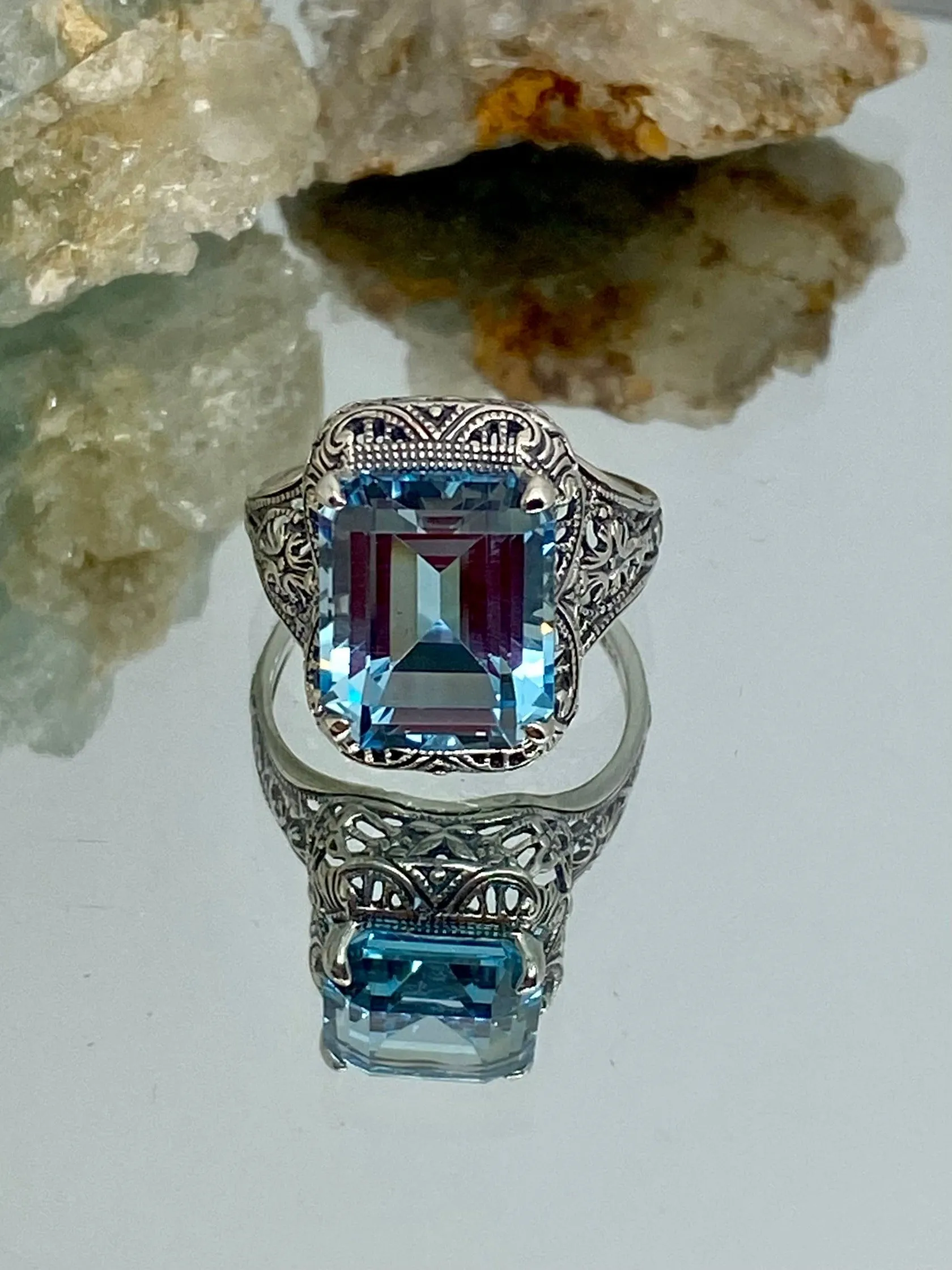 Natural Sky Blue Autumn Ring, Rectangle Gem, Vintage Jewelry #D200