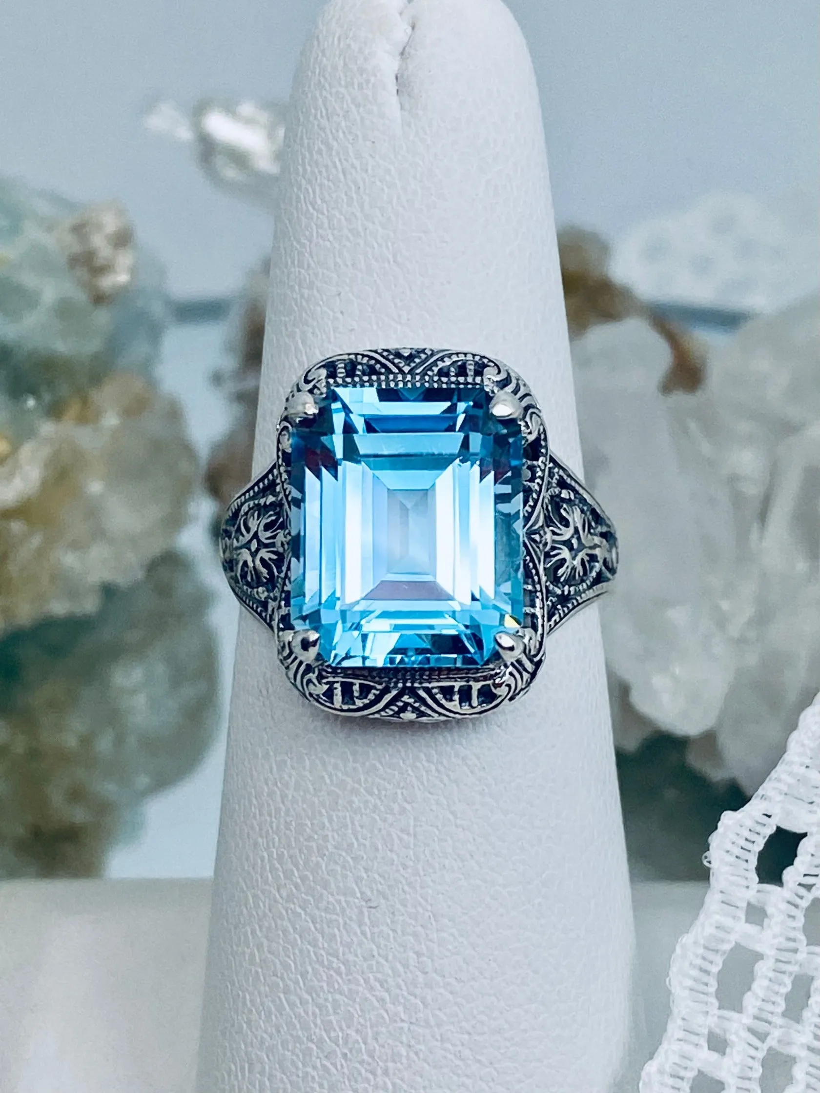 Natural Sky Blue Autumn Ring, Rectangle Gem, Vintage Jewelry #D200