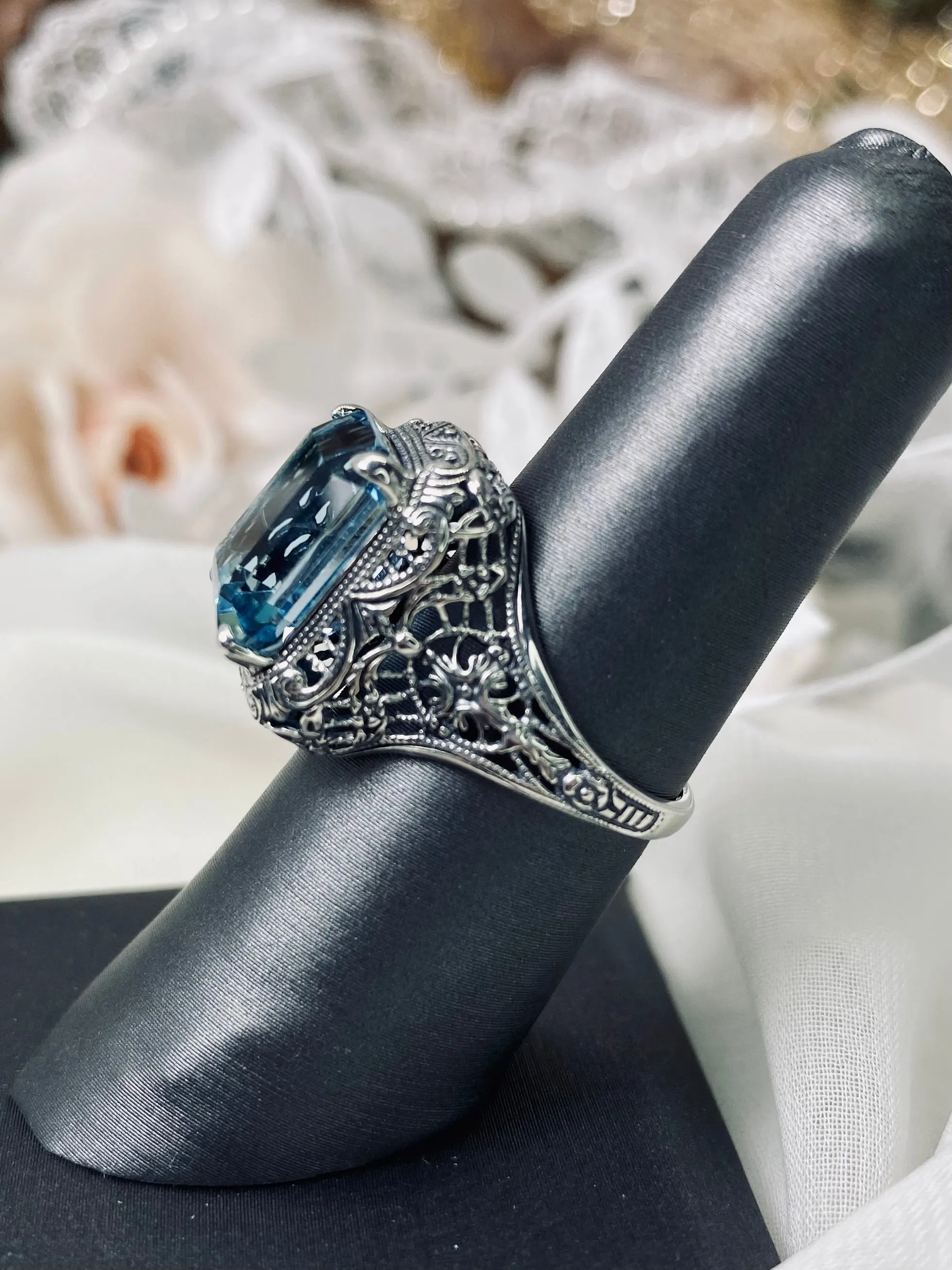 Natural Sky Blue Autumn Ring, Rectangle Gem, Vintage Jewelry #D200