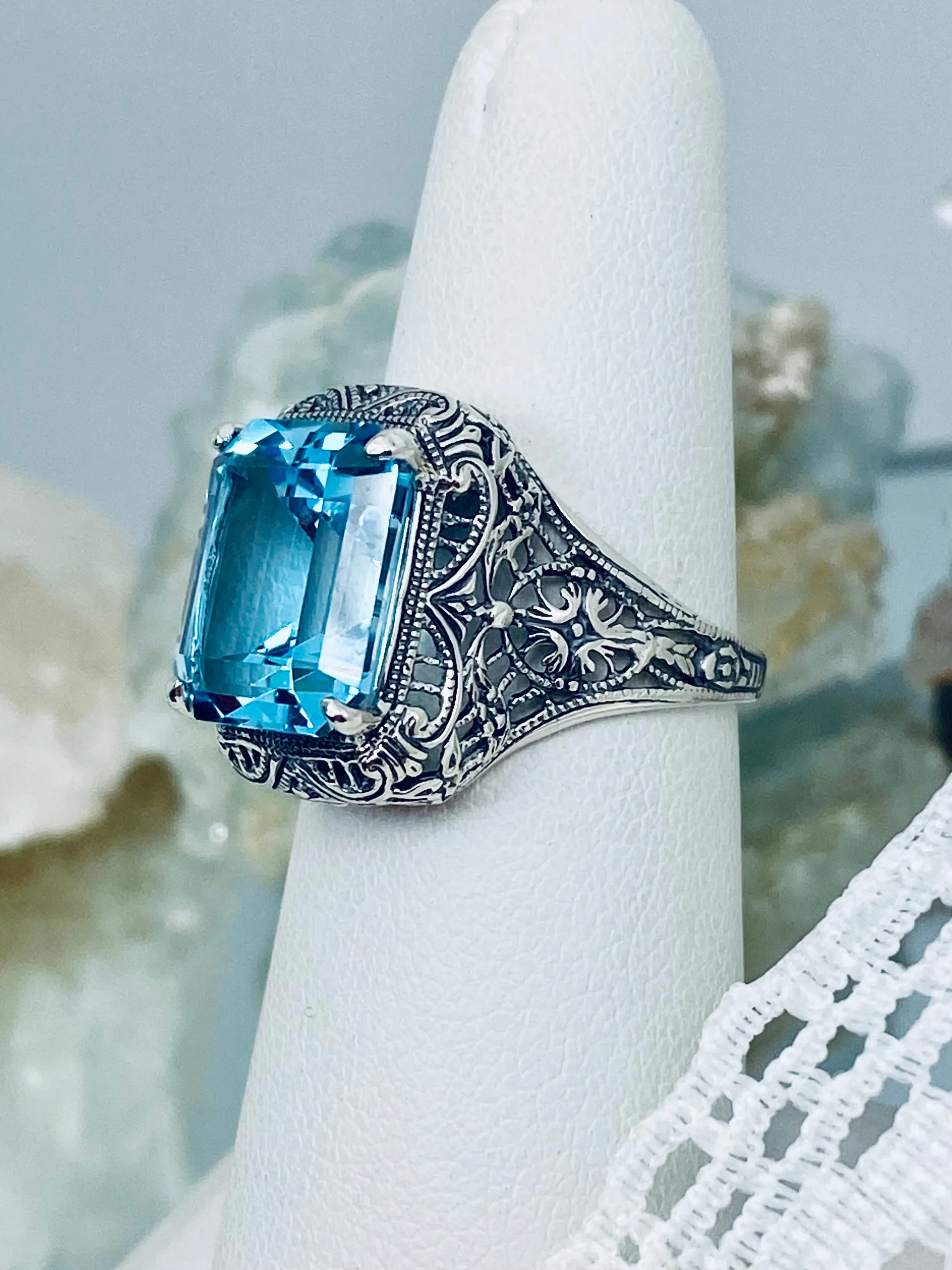 Natural Sky Blue Autumn Ring, Rectangle Gem, Vintage Jewelry #D200