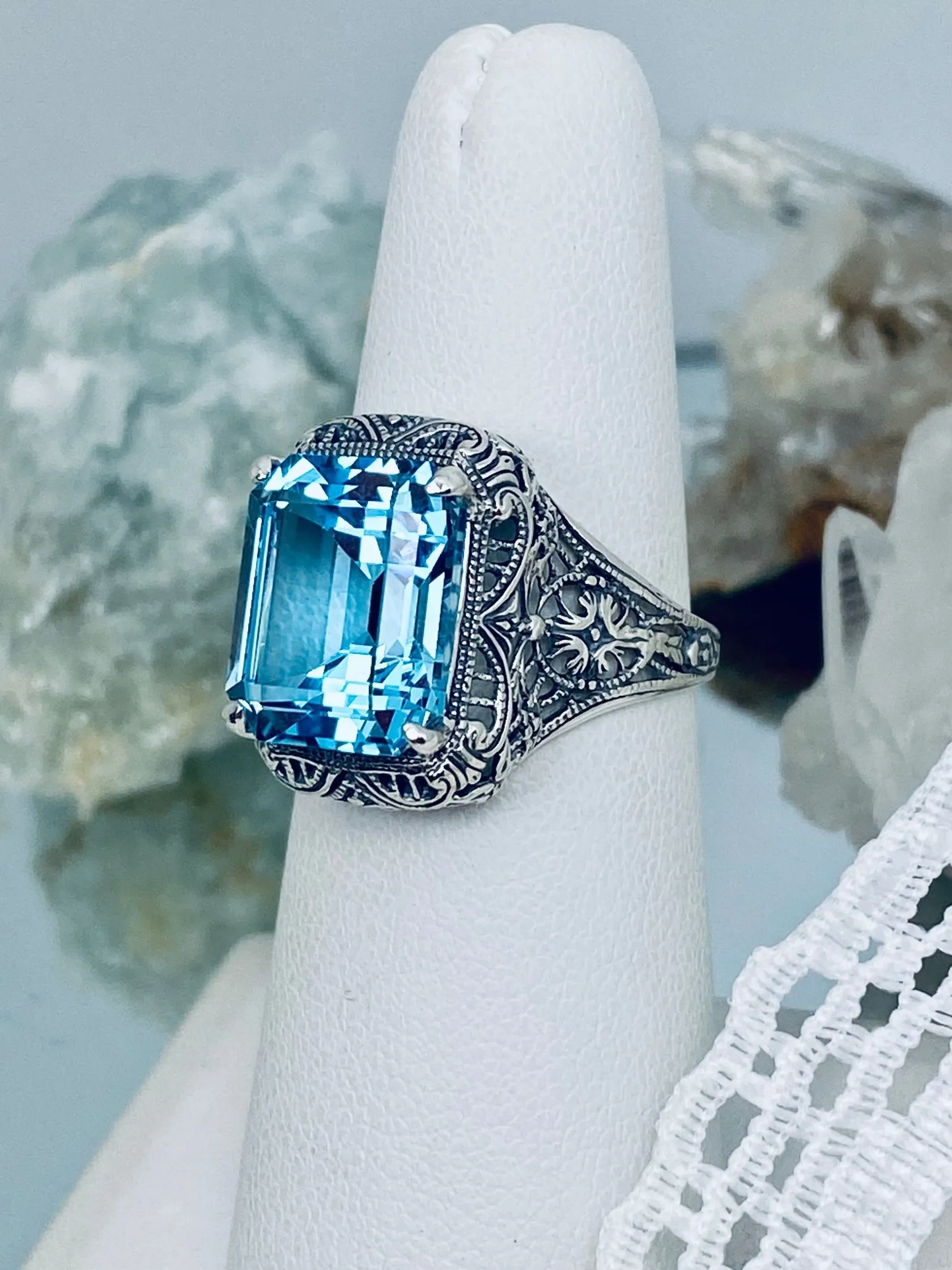 Natural Sky Blue Autumn Ring, Rectangle Gem, Vintage Jewelry #D200