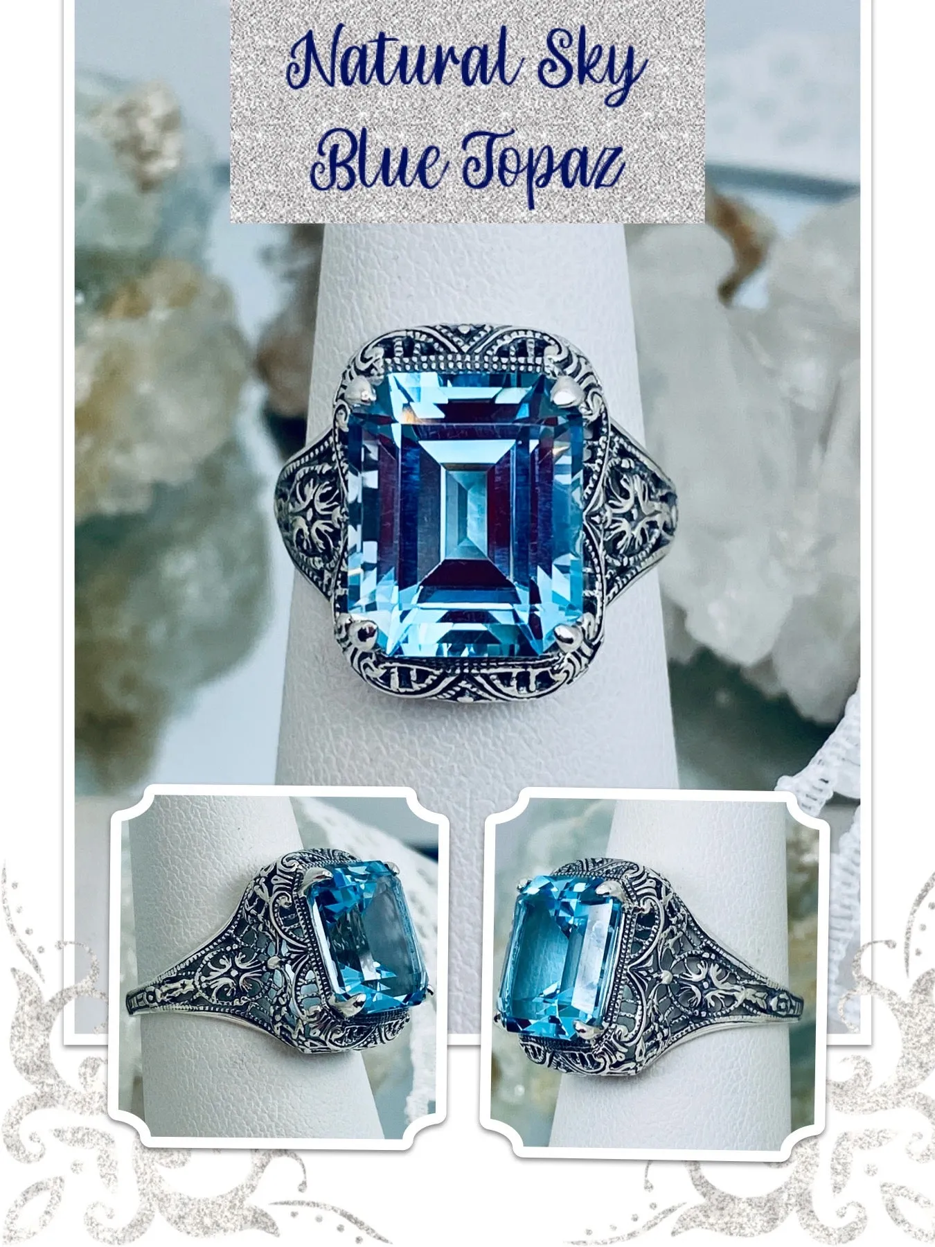 Natural Sky Blue Autumn Ring, Rectangle Gem, Vintage Jewelry #D200