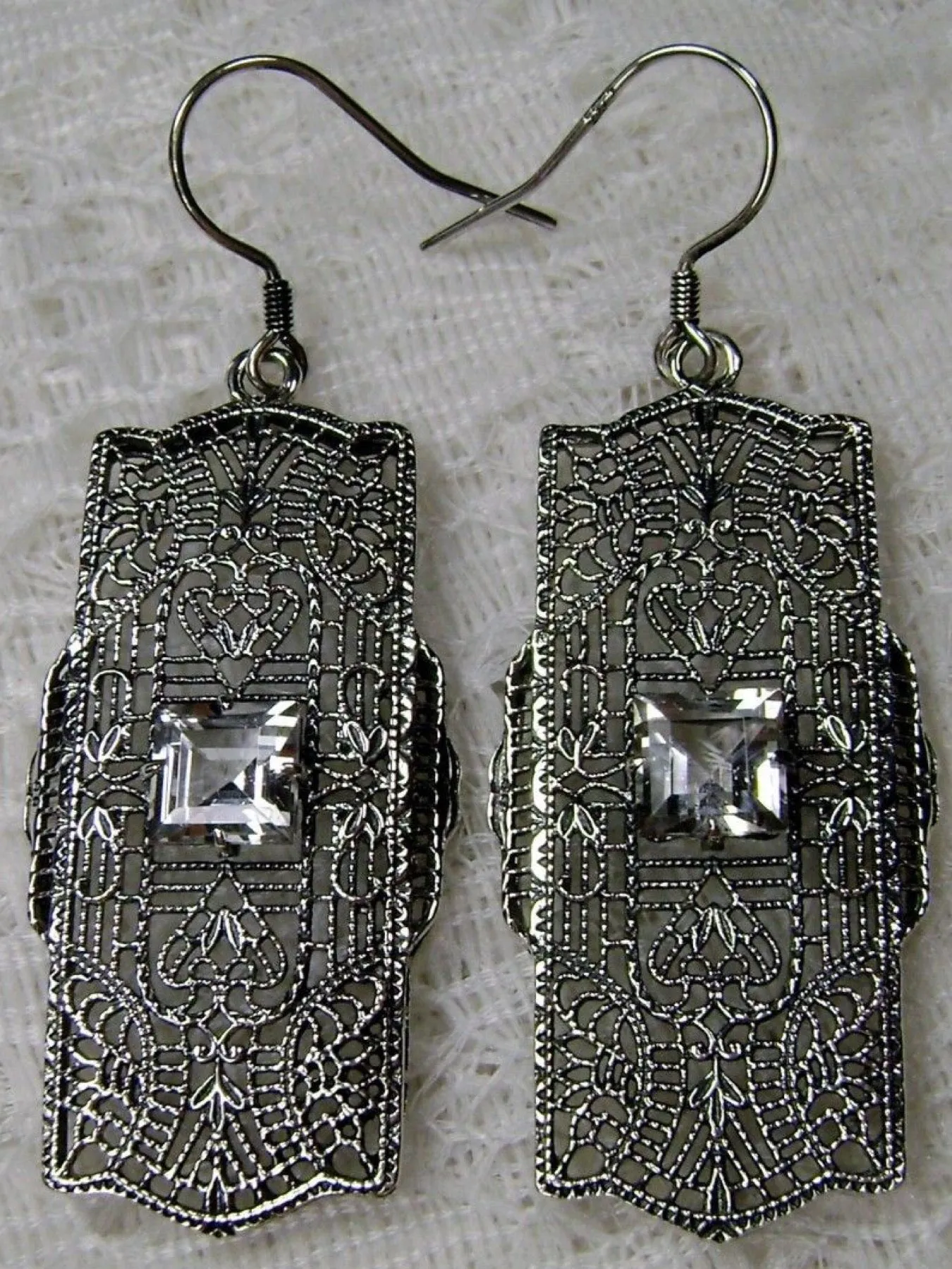 Natural White Topaz Earrings, Sterling Silver Art Deco 1920's Jewelry #E26