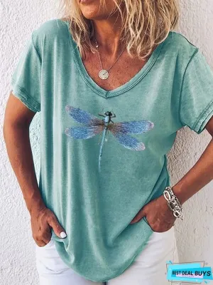 NEW Casual V Neck Printed T-shirt, dragonfly print, Teal, Sz M