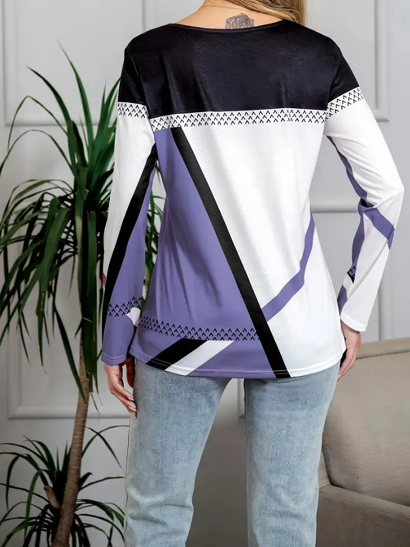 NEW Plus Size Geometric Pattern Casual Crew Neck Long Sleeve T-Shirt, Sz 2X Fits True