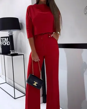 NEW Solid Color Casual Two Piece Set, Red, Sz M