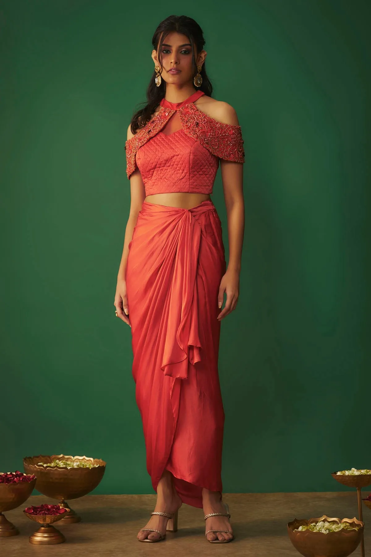 Orange Embroidered Top & Skirt