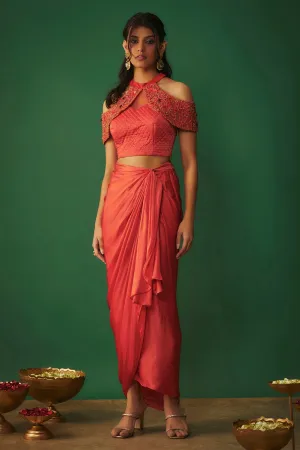 Orange Embroidered Top & Skirt