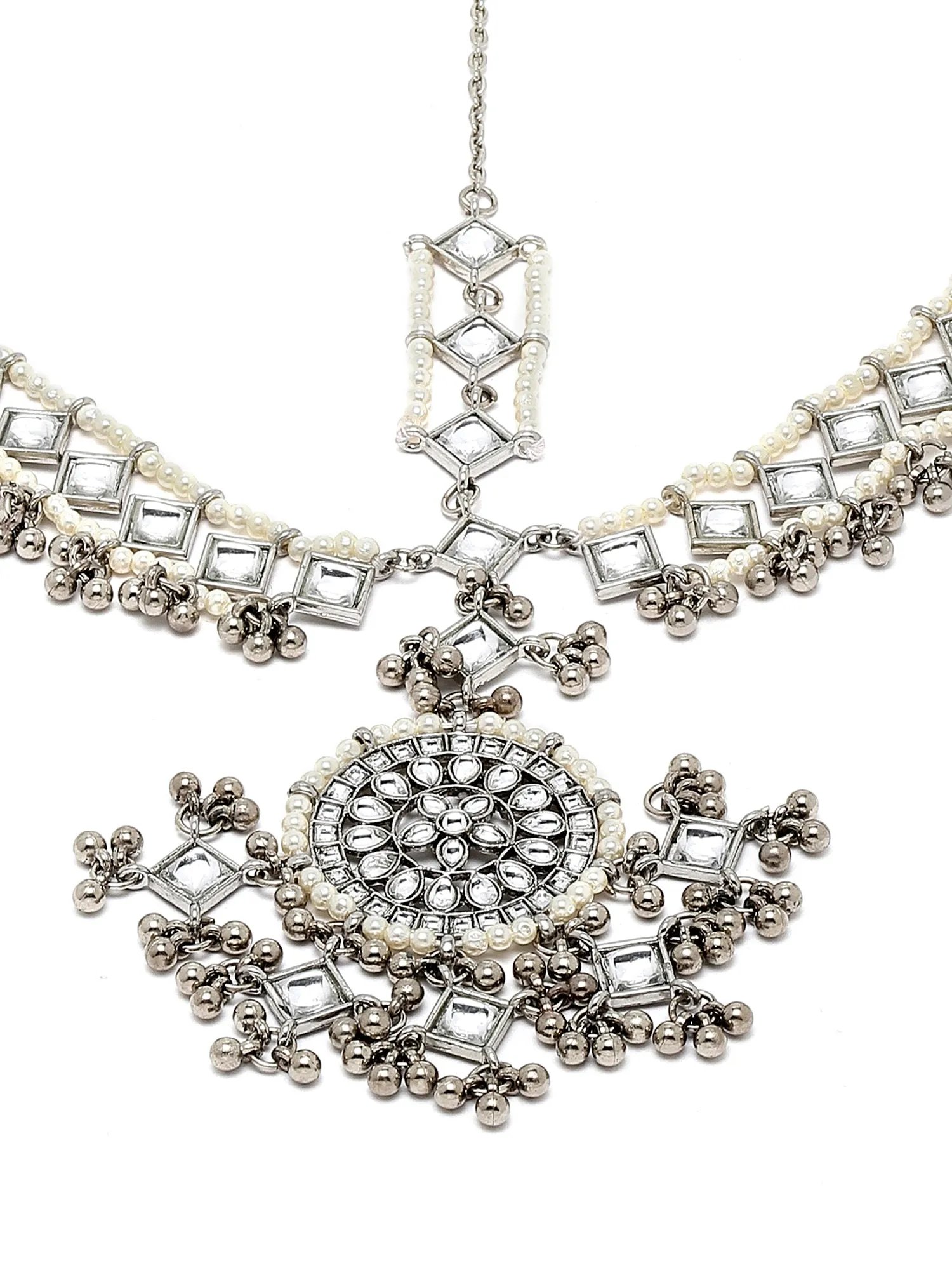Oxidised Silver Handcrafted Kundan Mathapatti for Women