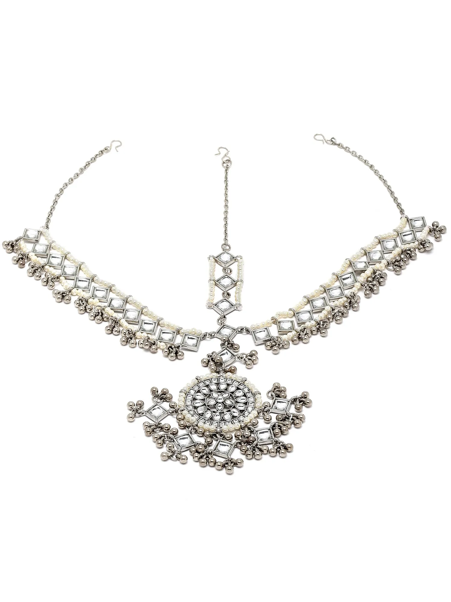 Oxidised Silver Handcrafted Kundan Mathapatti for Women