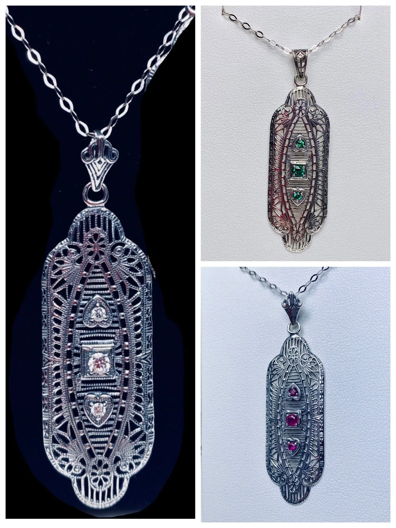 P359 Angel Wing Pendant Necklace, Simulated or Natural Gemstones, Vintage Revival Jewelry #P359