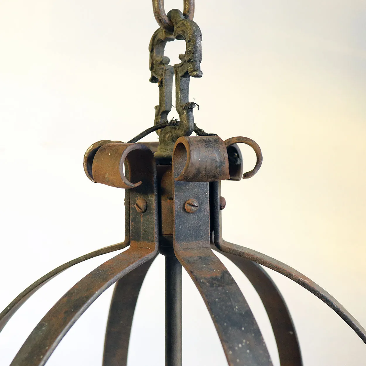 Pair American Albert Sechrist Gothic Revival Iron and Bronze, Mica One-Light Pendant Lanterns